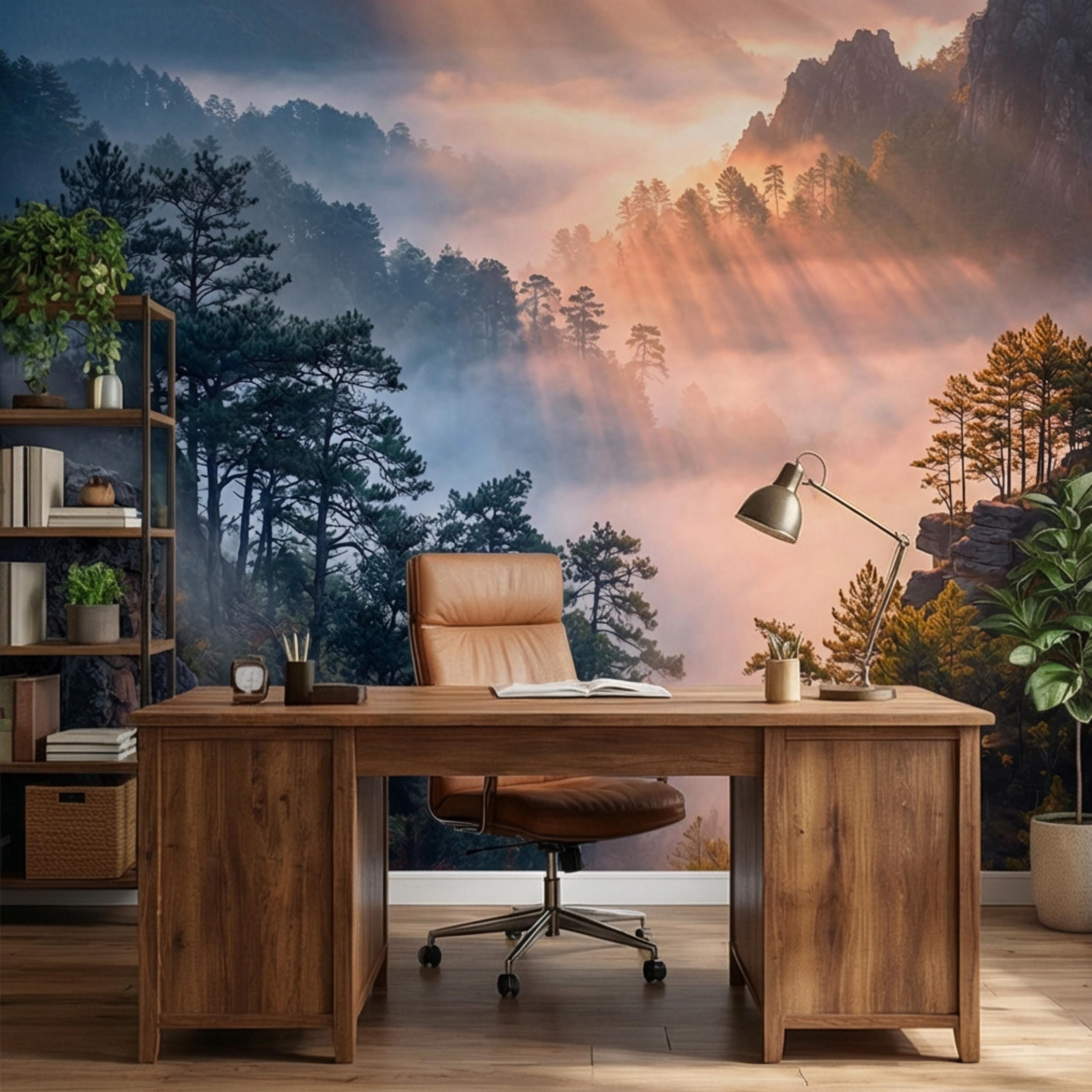 Misty Mountain Forest Peel and Stick Wall Mural, Dramatic Cliffside Pine Landscape with Golden Sun Rays, Moody Nature Wallpaper
