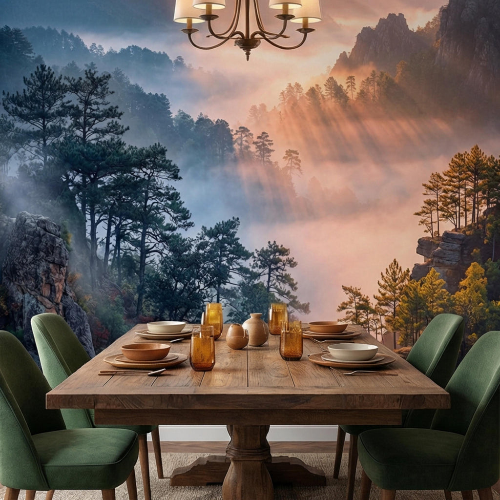 Misty Mountain Forest Peel and Stick Wall Mural, Dramatic Cliffside Pine Landscape with Golden Sun Rays, Moody Nature Wallpaper