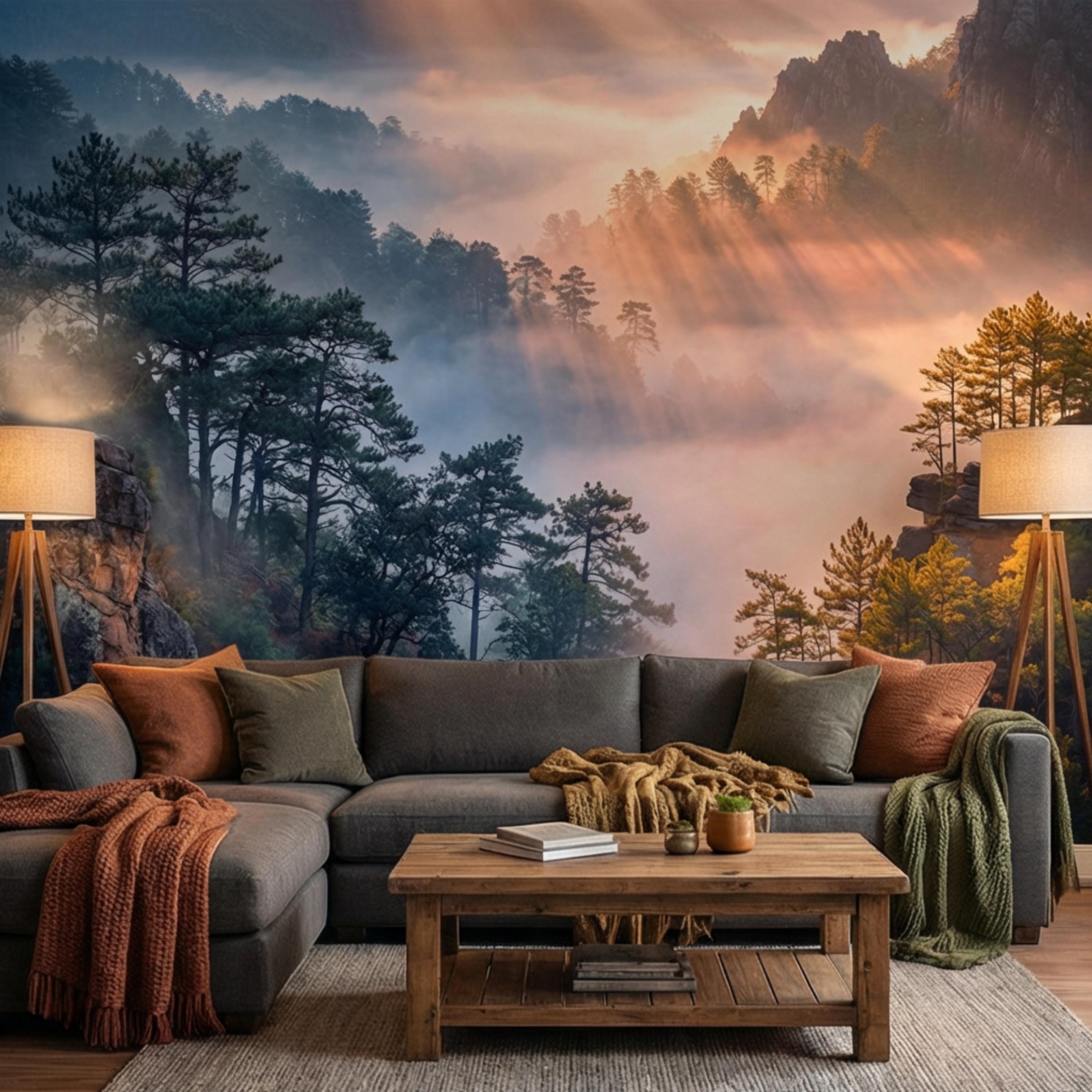 Misty Mountain Forest Peel and Stick Wall Mural, Dramatic Cliffside Pine Landscape with Golden Sun Rays, Moody Nature Wallpaper