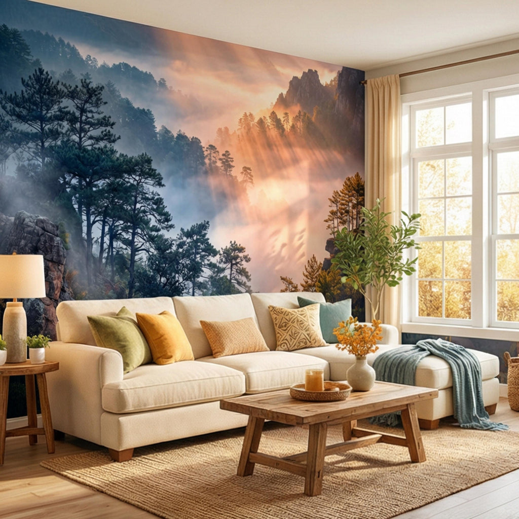 Misty Mountain Forest Peel and Stick Wall Mural, Dramatic Cliffside Pine Landscape with Golden Sun Rays, Moody Nature Wallpaper