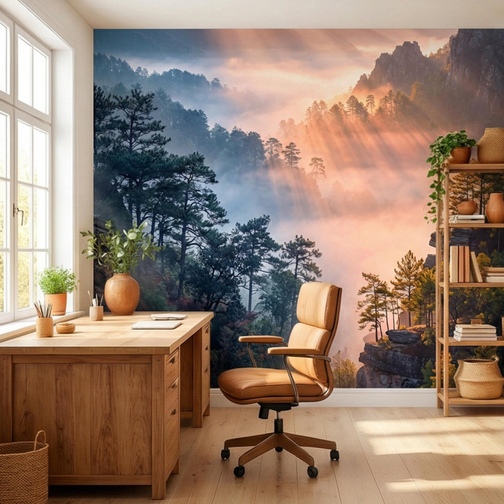 Misty Mountain Forest Peel and Stick Wall Mural, Dramatic Cliffside Pine Landscape with Golden Sun Rays, Moody Nature Wallpaper