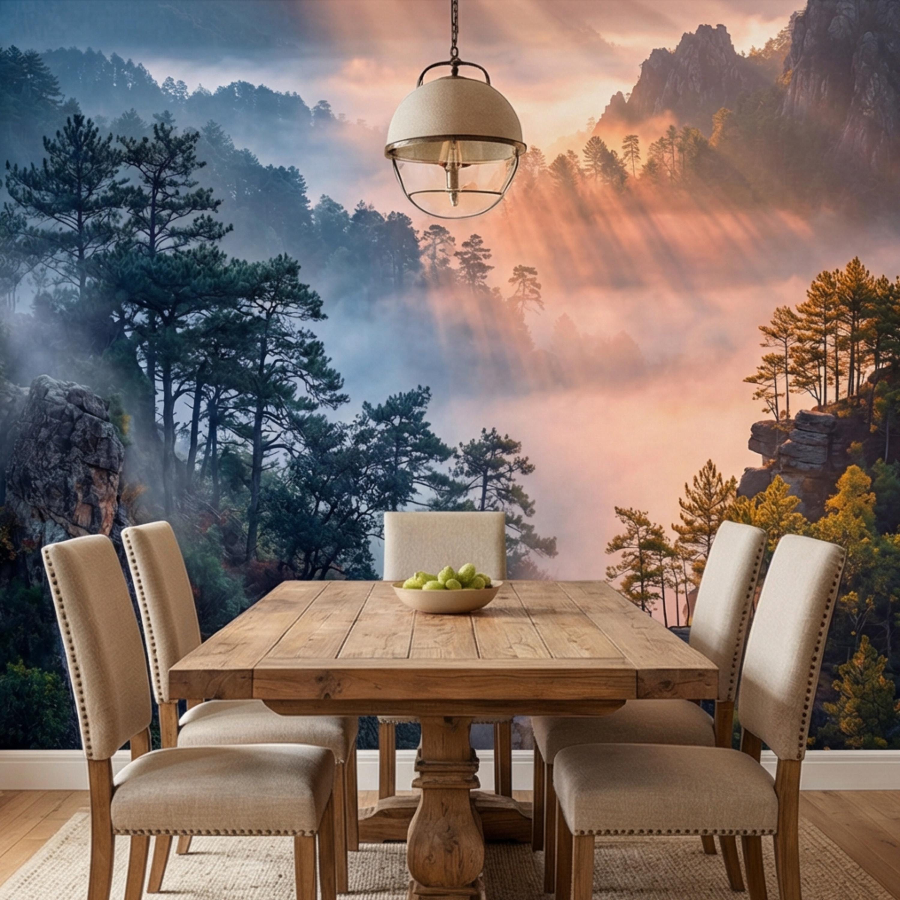Misty Mountain Forest Peel and Stick Wall Mural, Dramatic Cliffside Pine Landscape with Golden Sun Rays, Moody Nature Wallpaper