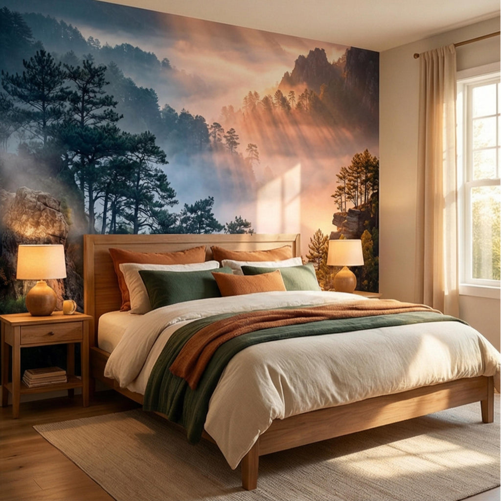 Misty Mountain Forest Peel and Stick Wall Mural, Dramatic Cliffside Pine Landscape with Golden Sun Rays, Moody Nature Wallpaper