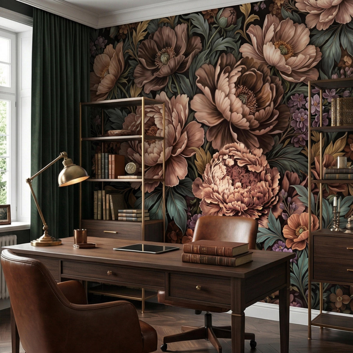 Botanical floral wall mural with oversized peonies in taupe and blush on dark green leaves