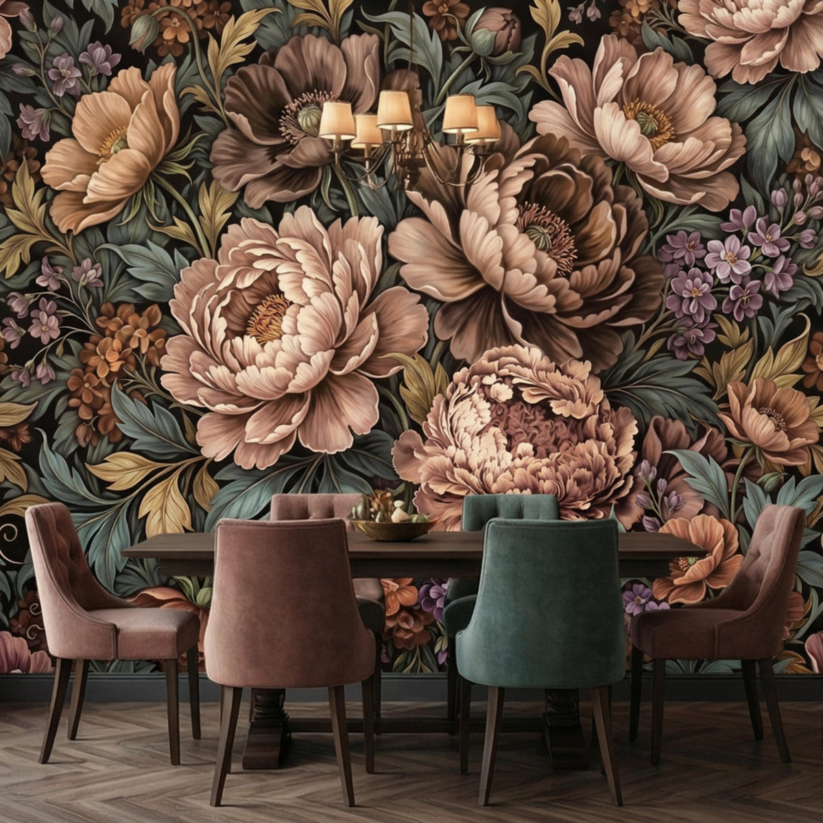 Peony floral wall mural with taupe, blush, and beige blooms on dark sage foliage