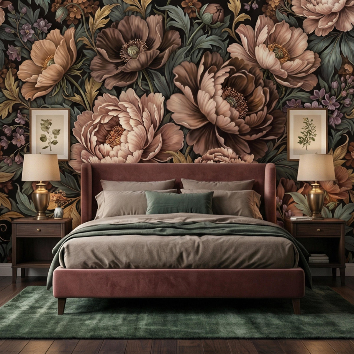Floral peony wall mural featuring large taupe and blush flowers with leafy sage backdrop