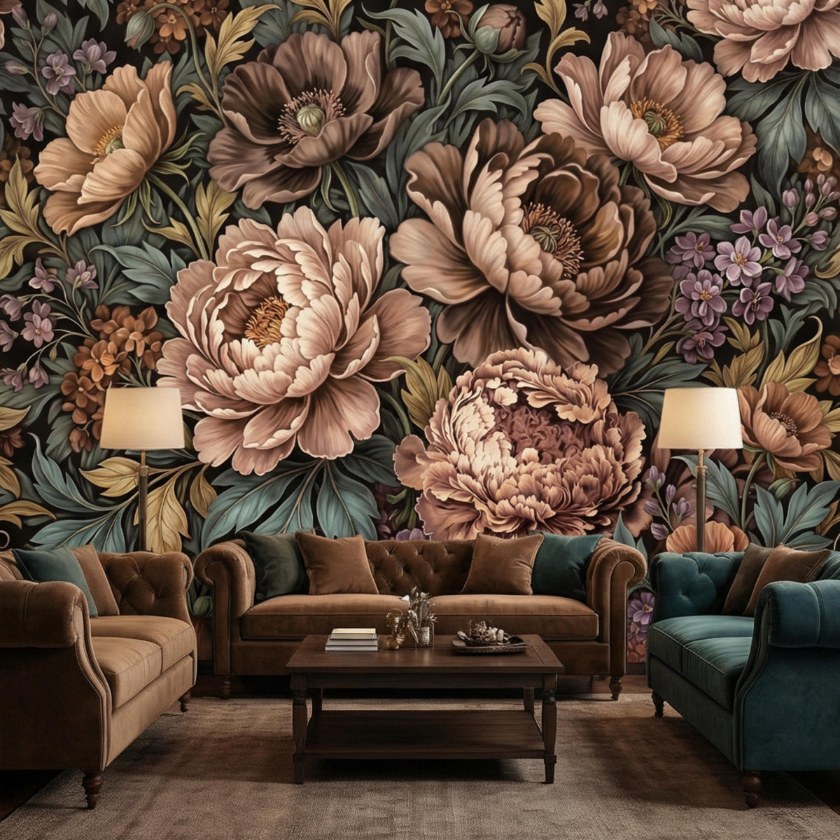 Floral peony wall mural with taupe and blush blooms on dark sage botanical background