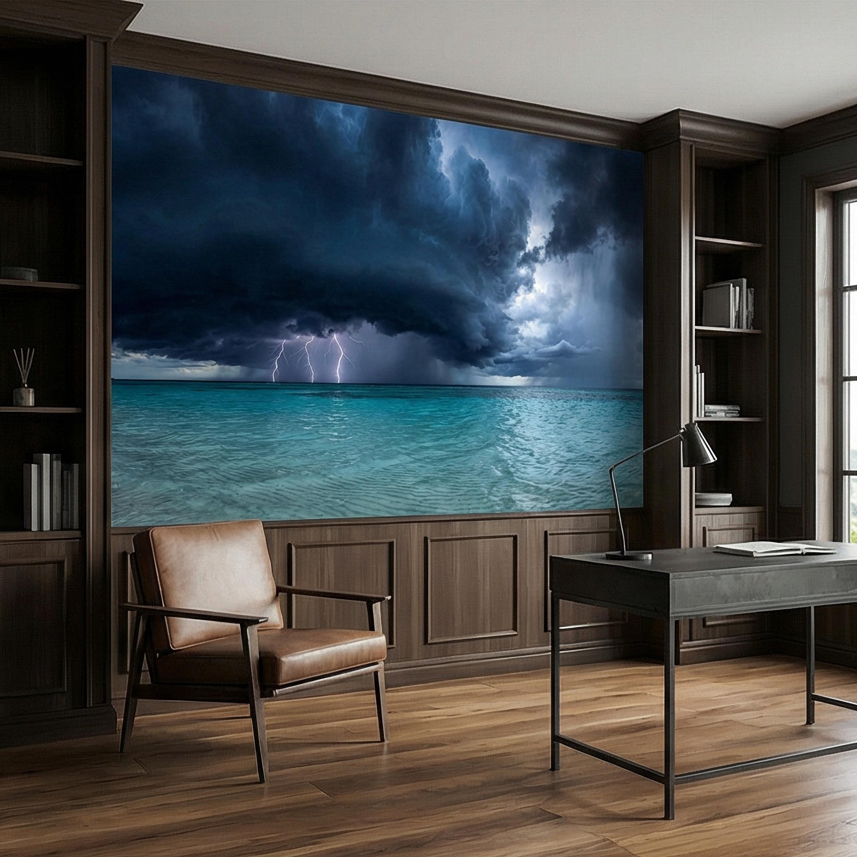 Tropical Storm Lightning Peel and Stick Wall Mural, Turquoise Ocean Thunderstorm Seascape Wallpaper