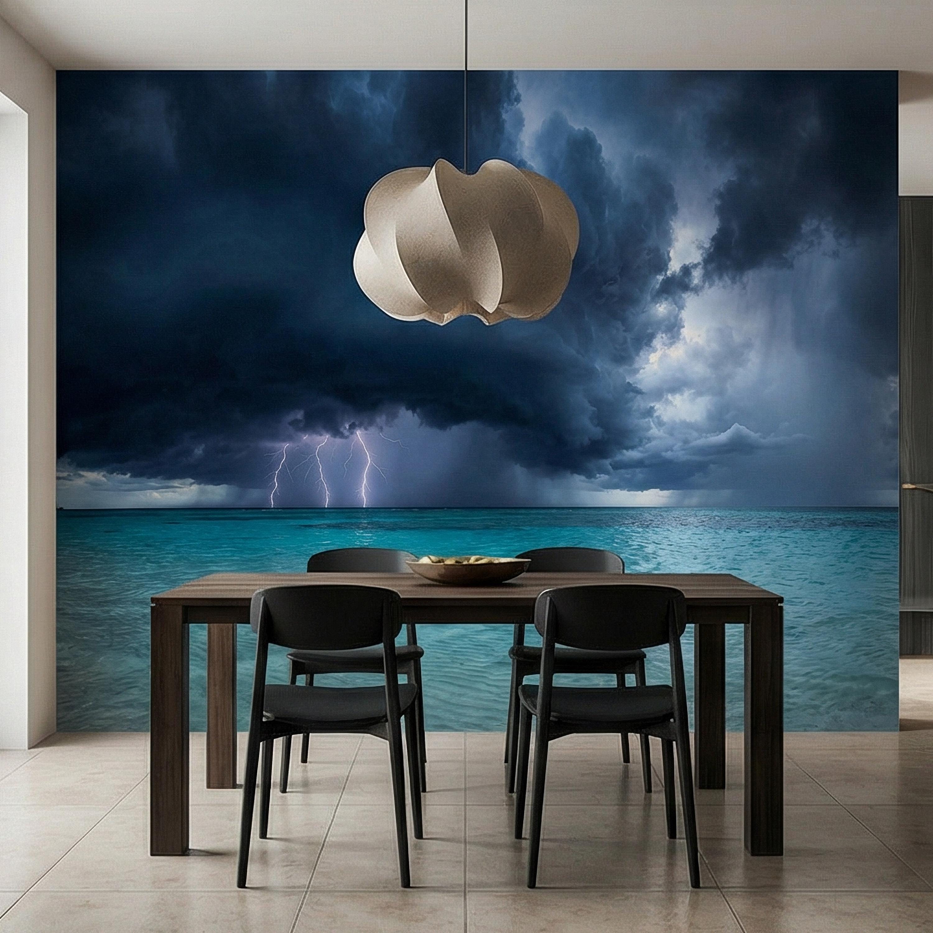 Tropical Storm Lightning Peel and Stick Wall Mural, Turquoise Ocean Thunderstorm Seascape Wallpaper
