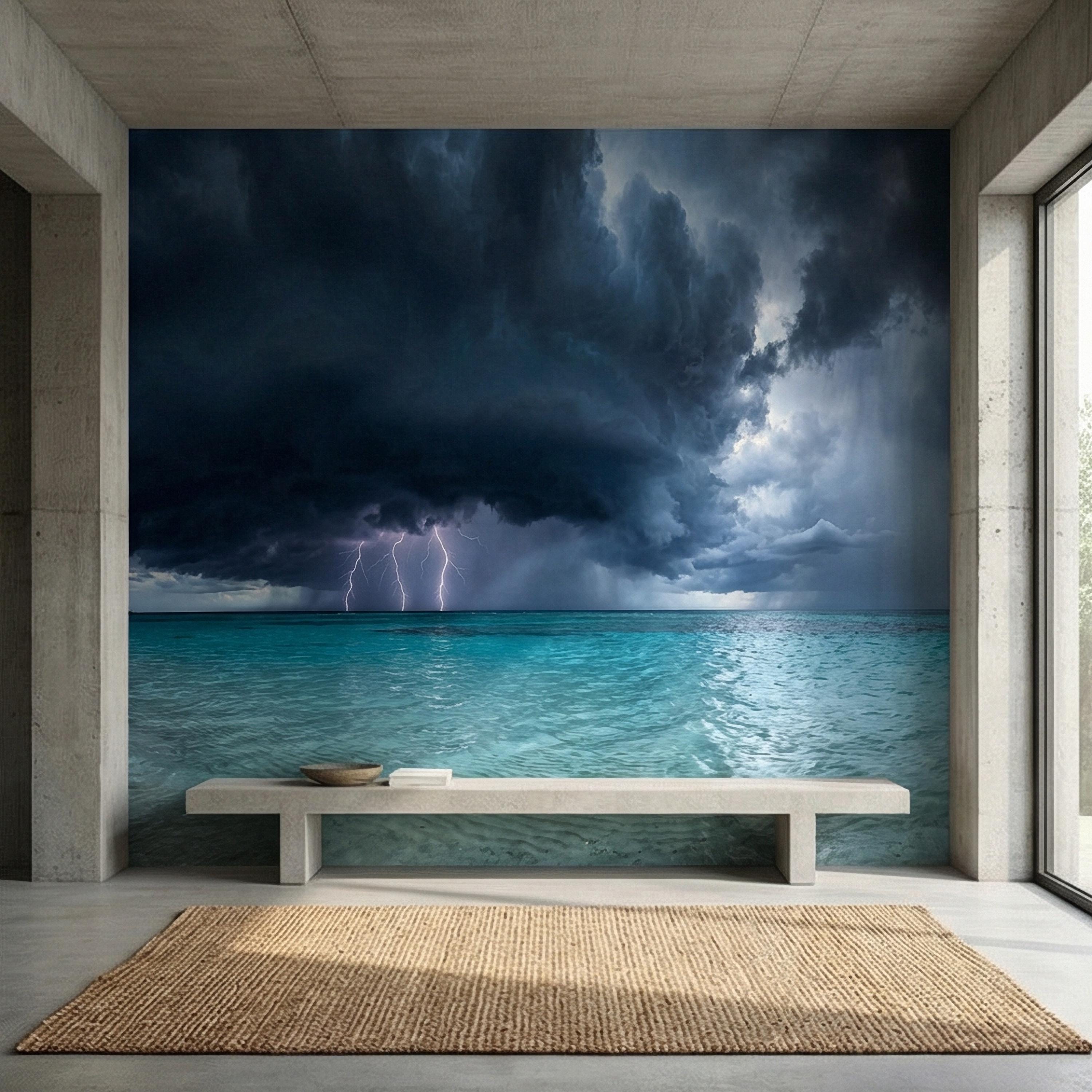 Tropical Storm Lightning Peel and Stick Wall Mural, Turquoise Ocean Thunderstorm Seascape Wallpaper
