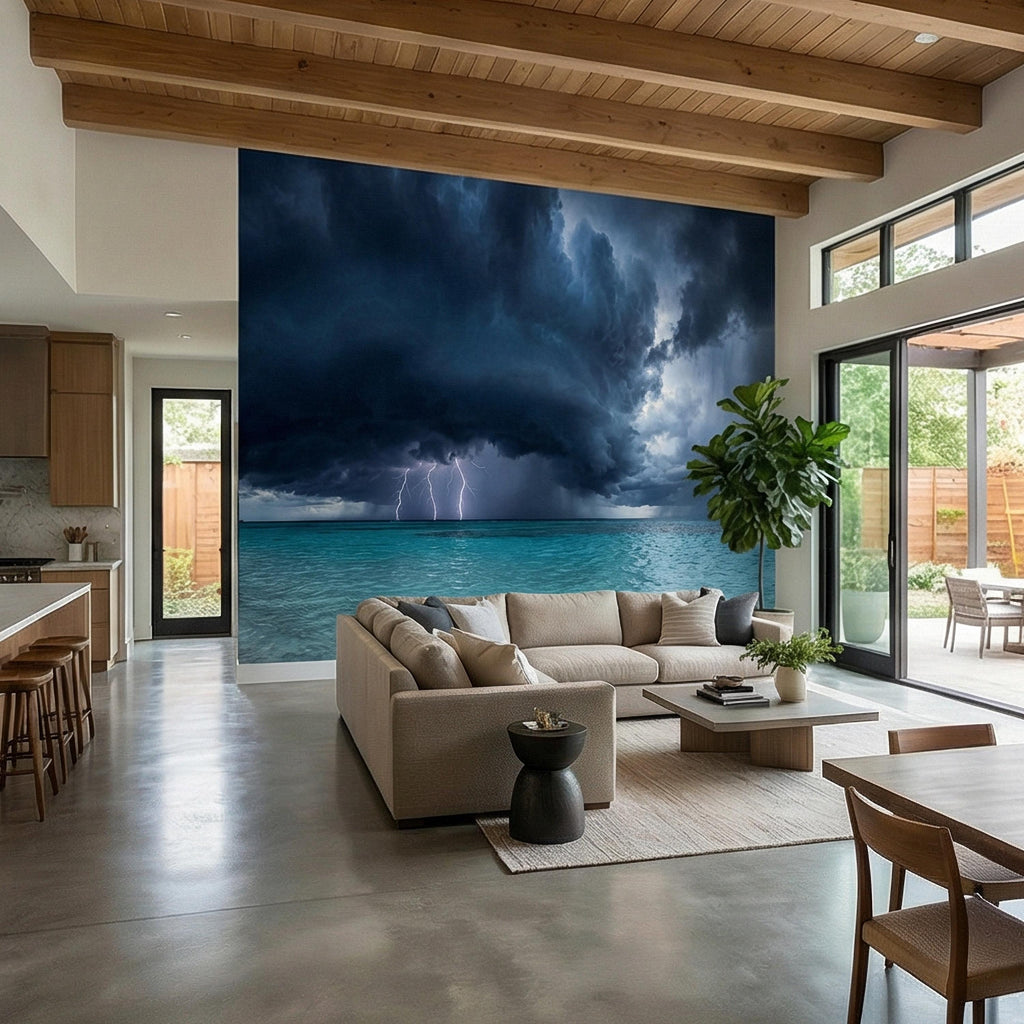 Tropical Storm Lightning Peel and Stick Wall Mural, Turquoise Ocean Thunderstorm Seascape Wallpaper