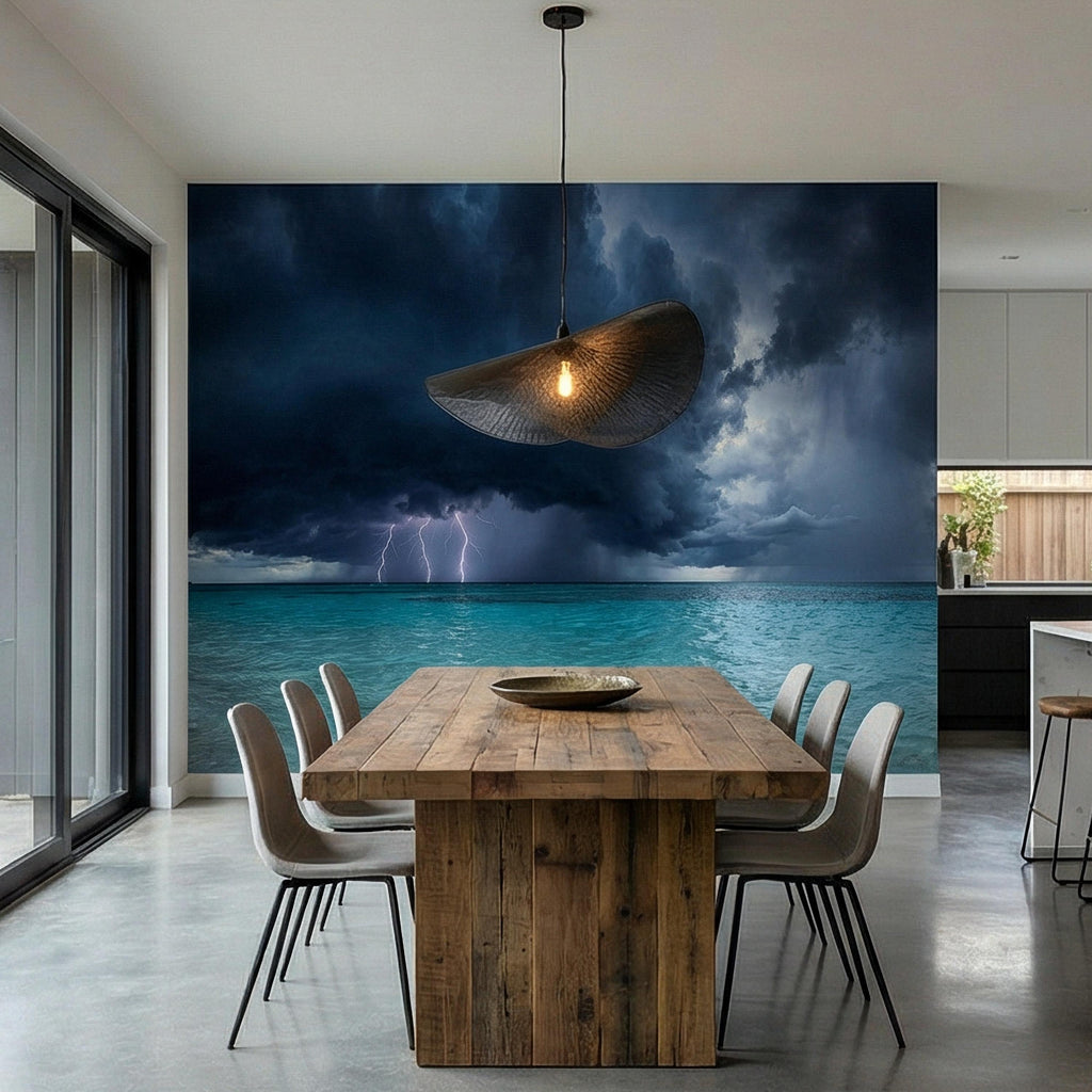 Tropical Storm Lightning Peel and Stick Wall Mural, Turquoise Ocean Thunderstorm Seascape Wallpaper