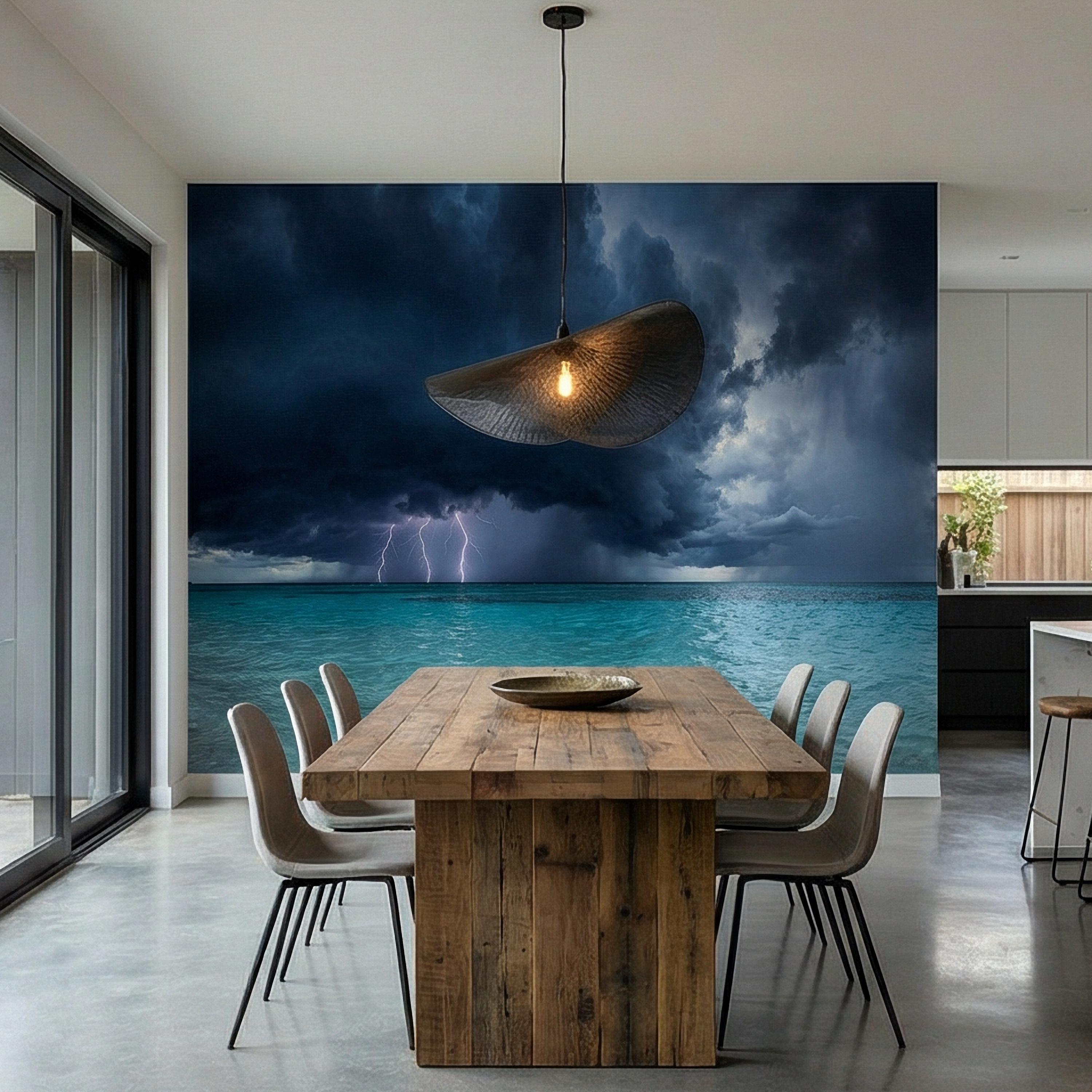 Tropical Storm Lightning Peel and Stick Wall Mural, Turquoise Ocean Thunderstorm Seascape Wallpaper