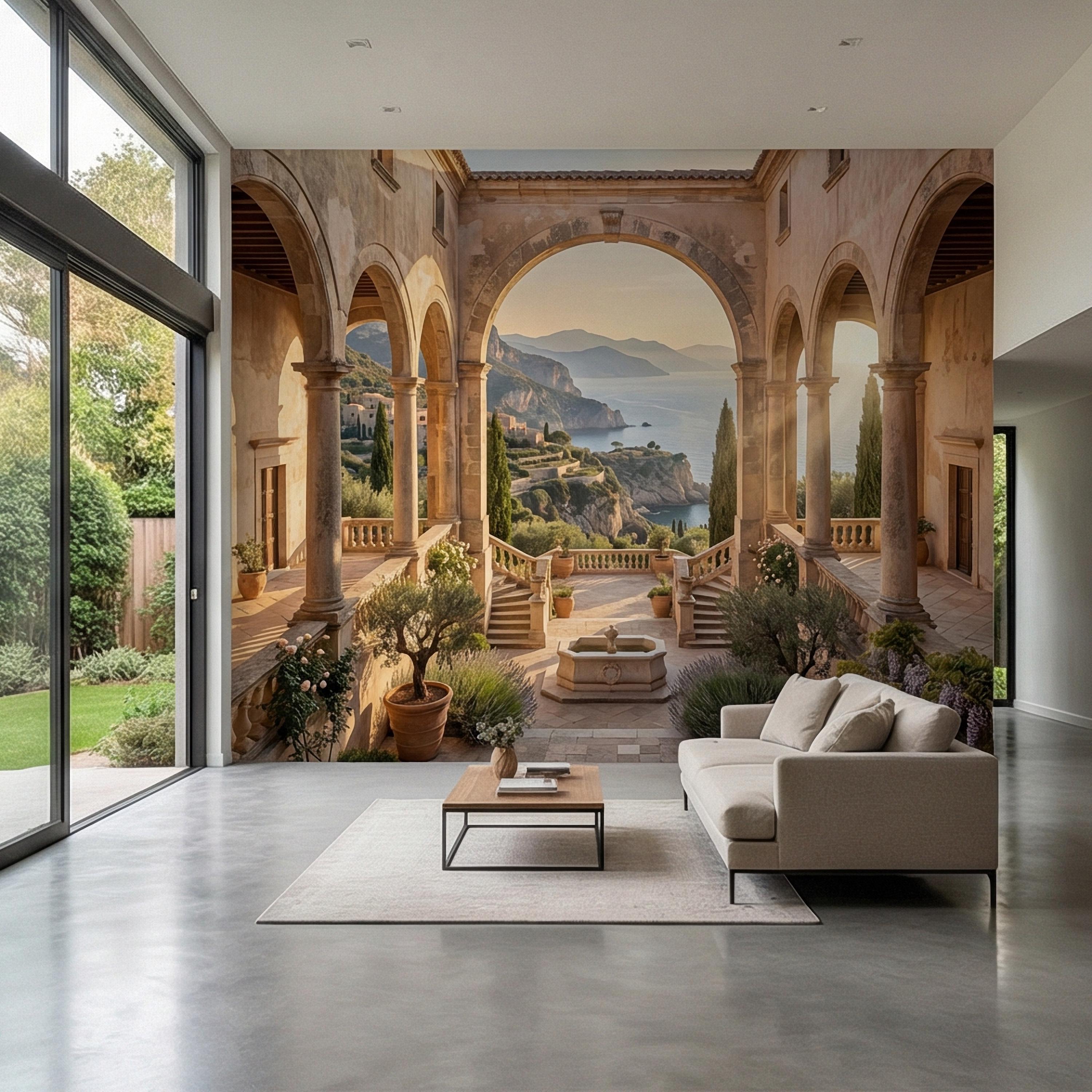 Amalfi Coast Archway Peel and Stick Wall Mural, Mediterranean Cloister Sea View, Italian Villa Landscape Wallpaper