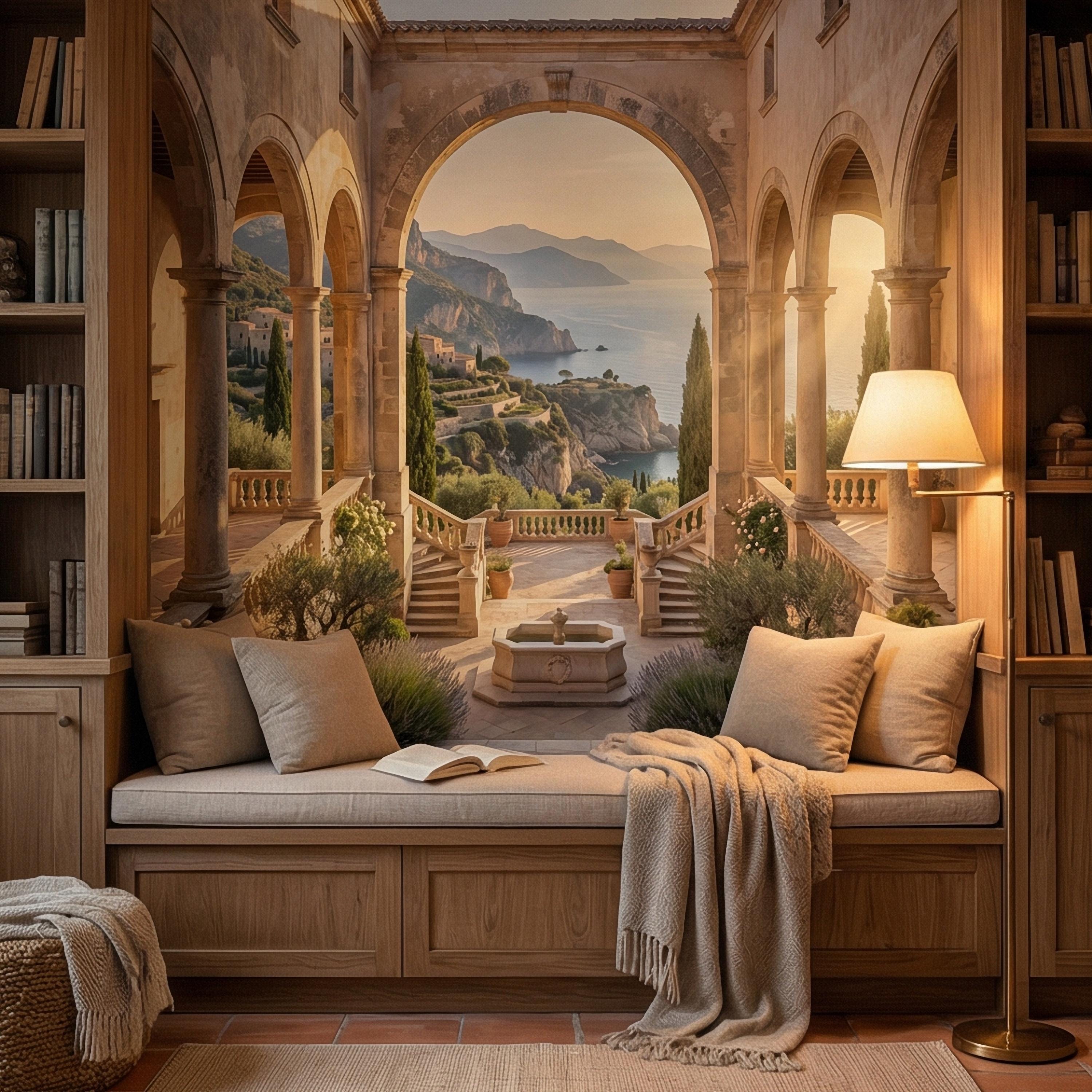 Amalfi Coast Archway Peel and Stick Wall Mural, Mediterranean Cloister Sea View, Italian Villa Landscape Wallpaper