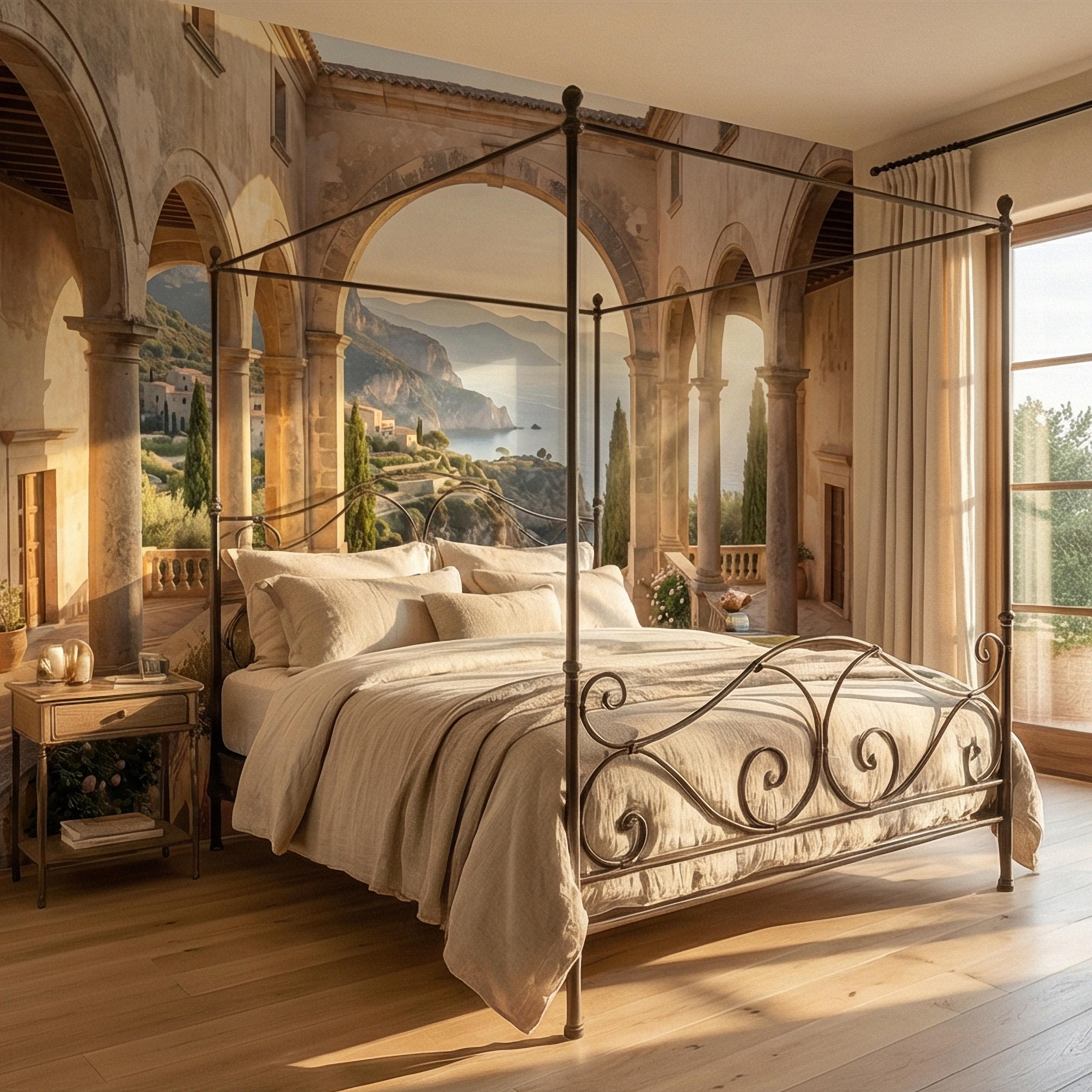 Amalfi Coast Archway Peel and Stick Wall Mural, Mediterranean Cloister Sea View, Italian Villa Landscape Wallpaper