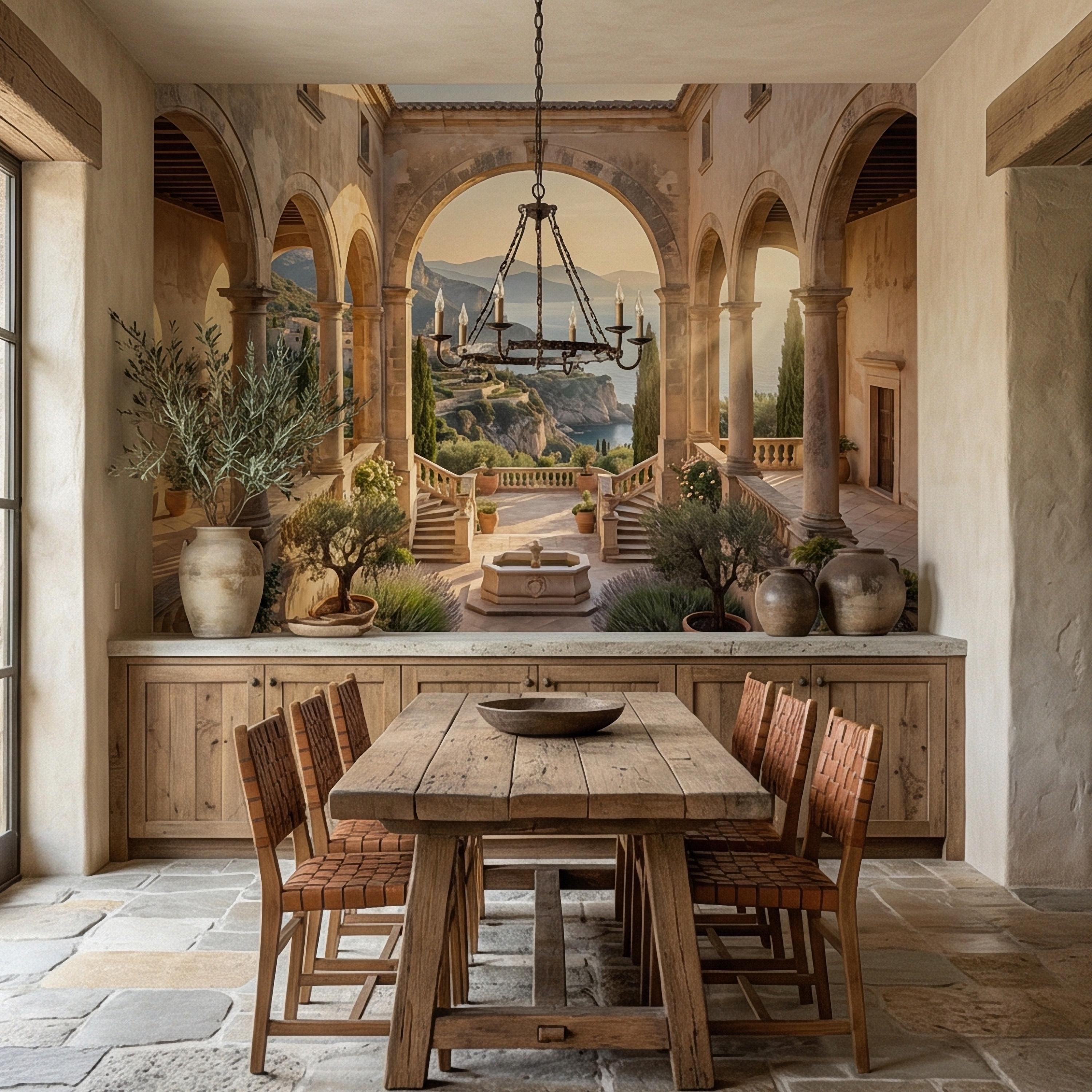 Amalfi Coast Archway Peel and Stick Wall Mural, Mediterranean Cloister Sea View, Italian Villa Landscape Wallpaper