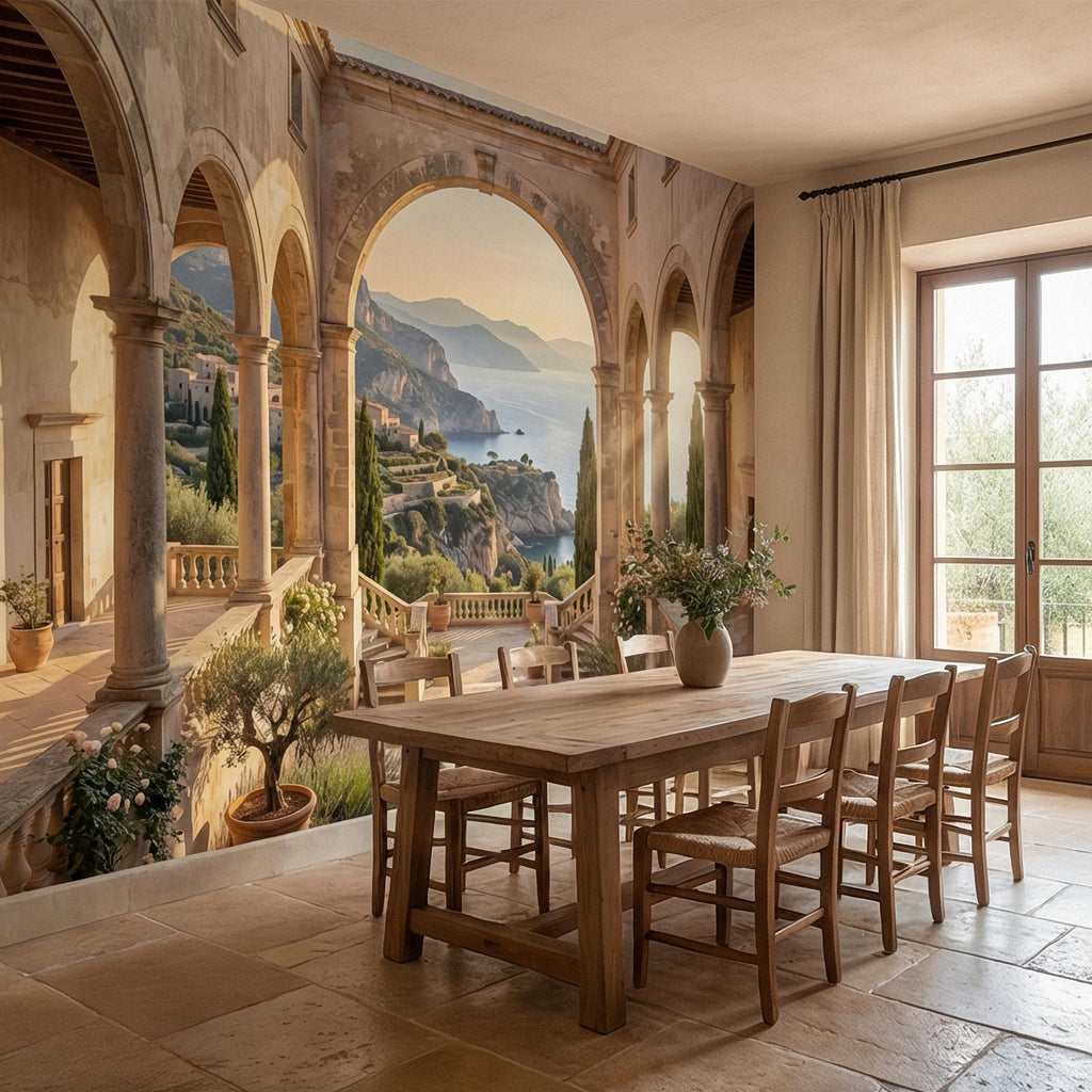 Amalfi Coast Archway Peel and Stick Wall Mural, Mediterranean Cloister Sea View, Italian Villa Landscape Wallpaper