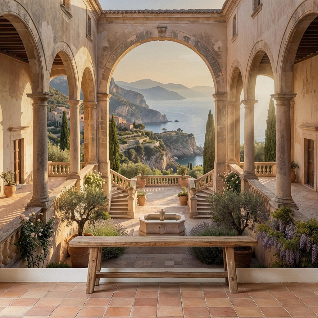 Amalfi Coast Archway Peel and Stick Wall Mural, Mediterranean Cloister Sea View, Italian Villa Landscape Wallpaper