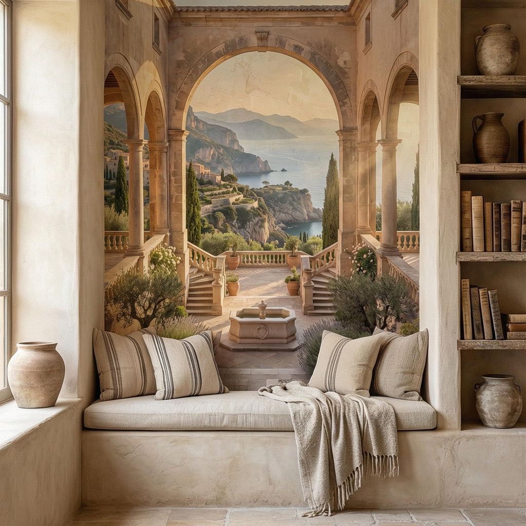 Amalfi Coast Archway Peel and Stick Wall Mural, Mediterranean Cloister Sea View, Italian Villa Landscape Wallpaper