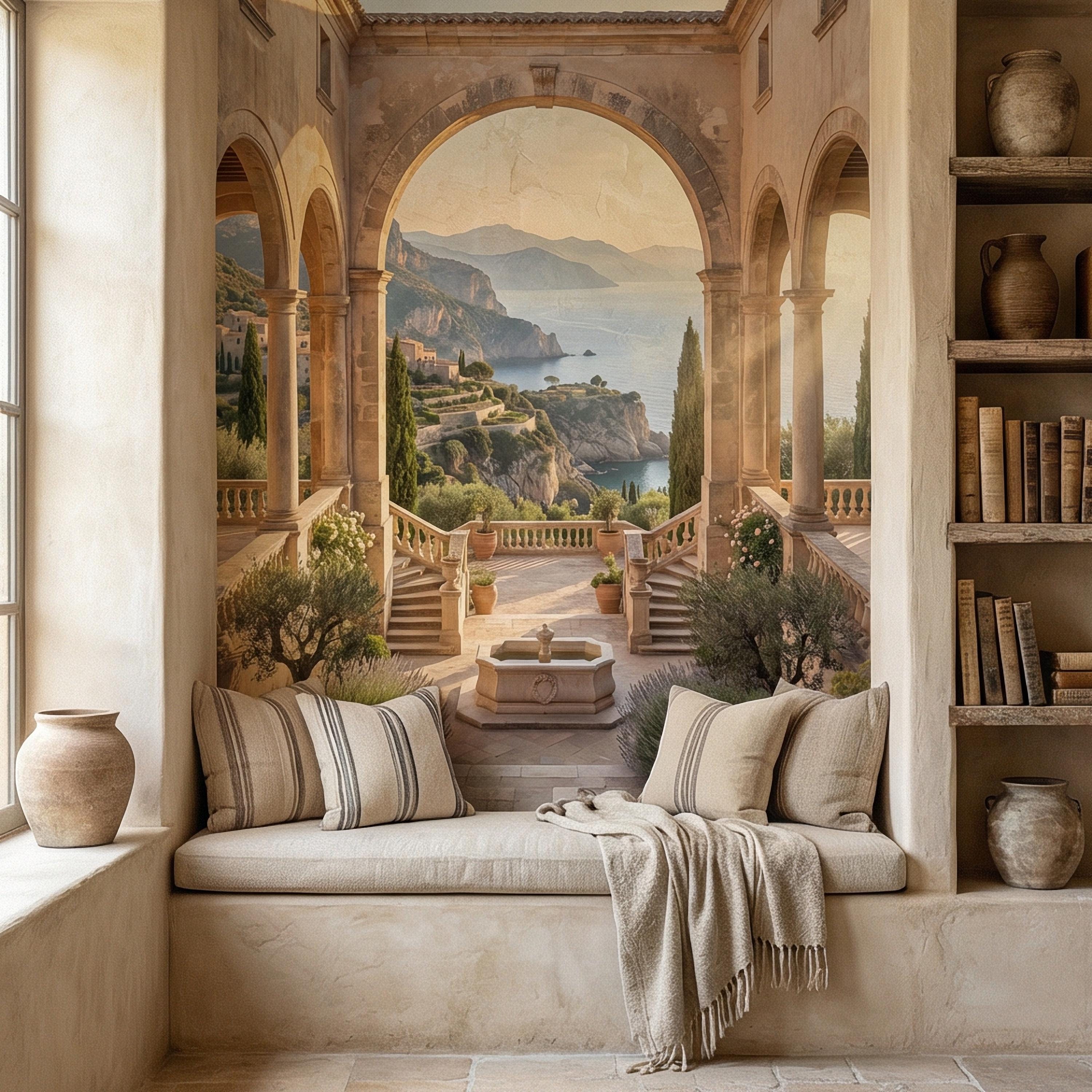 Amalfi Coast Archway Peel and Stick Wall Mural, Mediterranean Cloister Sea View, Italian Villa Landscape Wallpaper