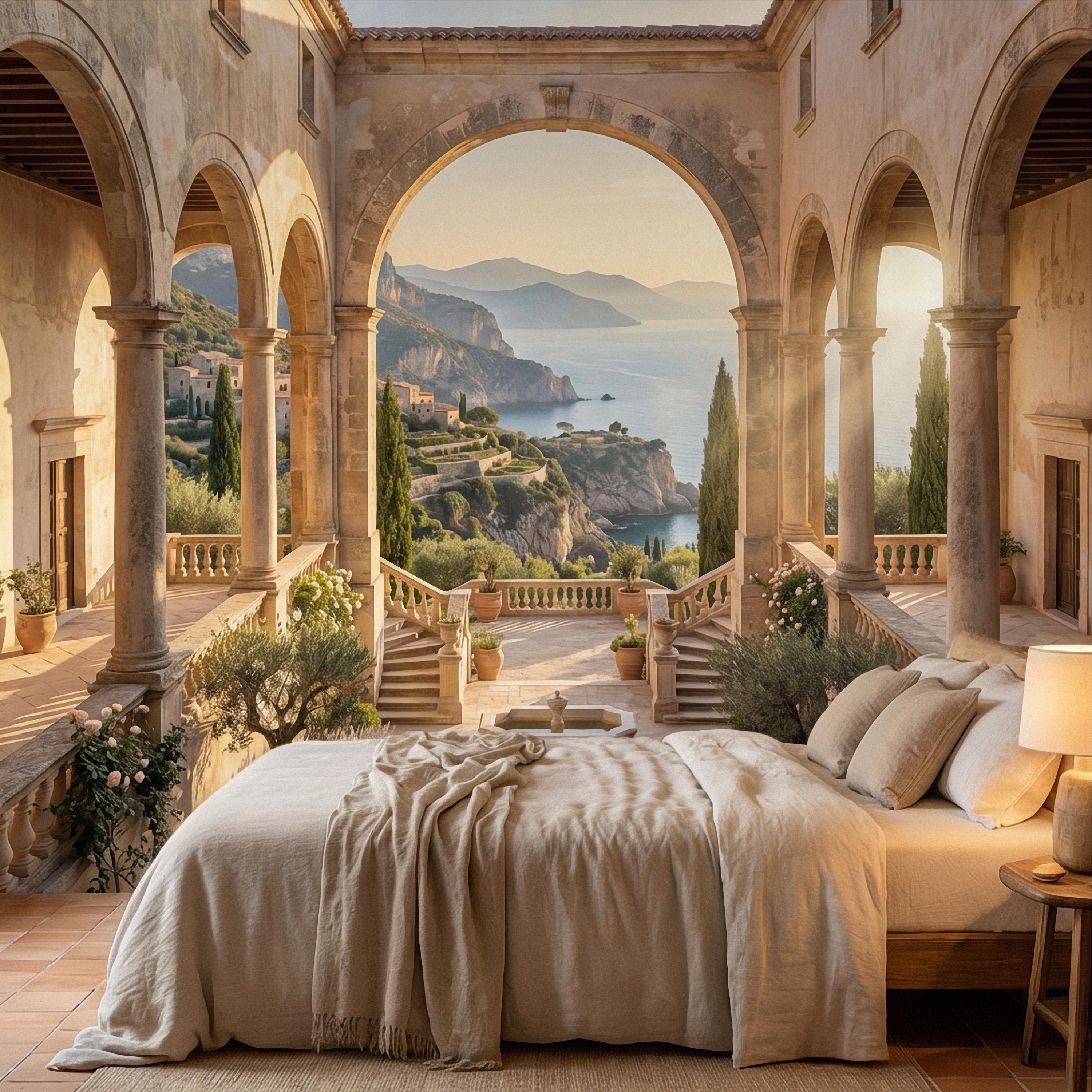Amalfi Coast Archway Peel and Stick Wall Mural, Mediterranean Cloister Sea View, Italian Villa Landscape Wallpaper
