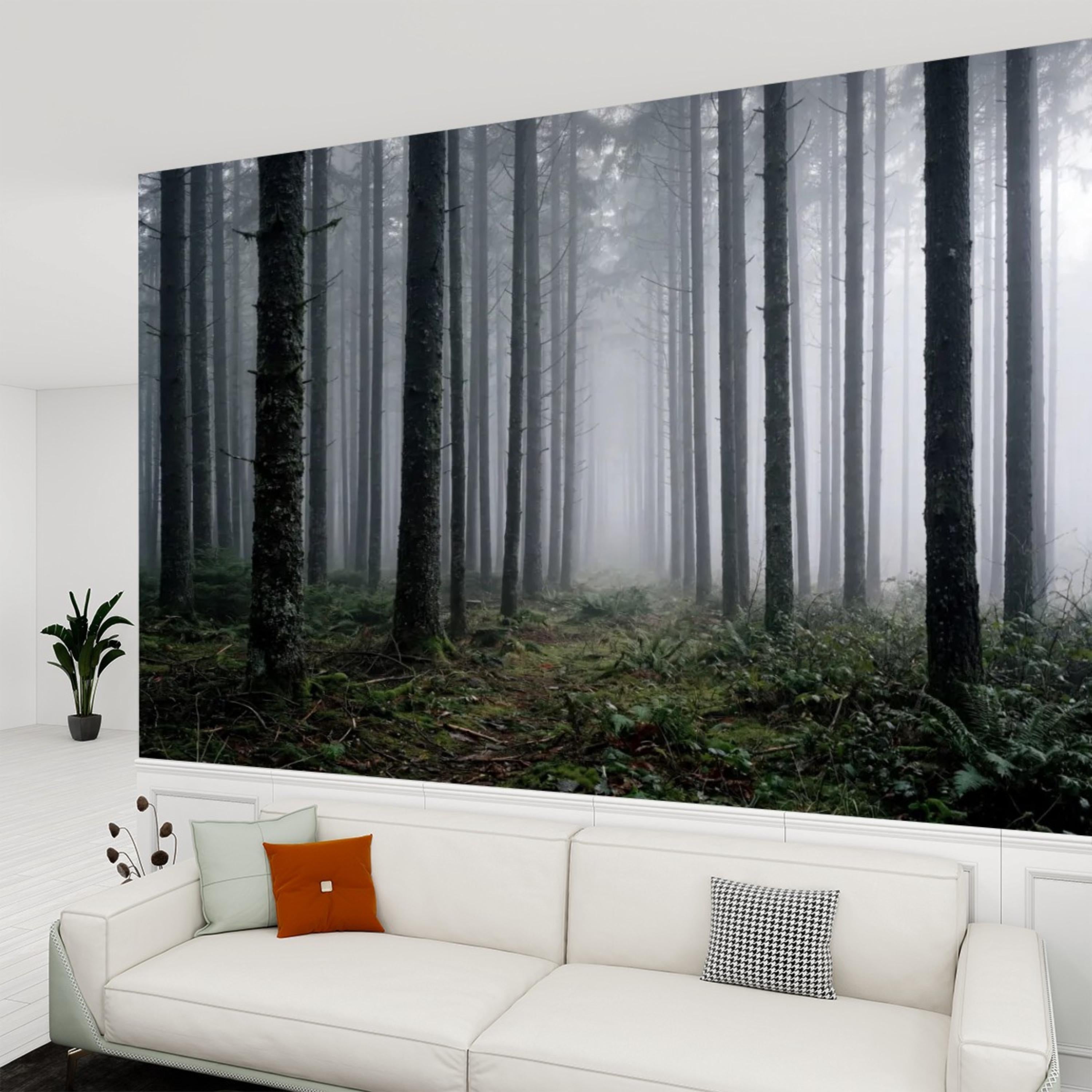 Misty Pine Forest Peel and Stick Wall Mural, Moody Evergreen Woodland Fog Landscape Wallpaper, Dark Nature Statement Wall Decor