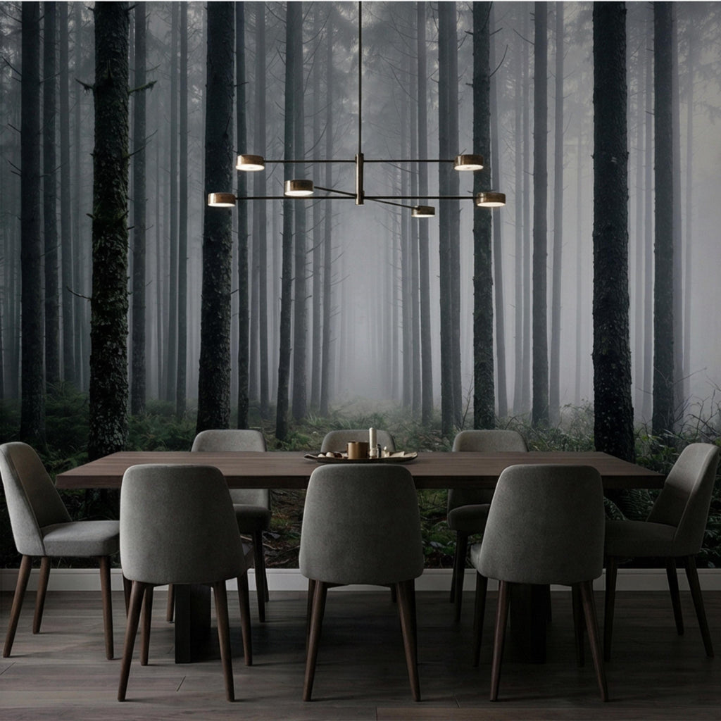 Misty Pine Forest Peel and Stick Wall Mural, Moody Evergreen Woodland Fog Landscape Wallpaper, Dark Nature Statement Wall Decor