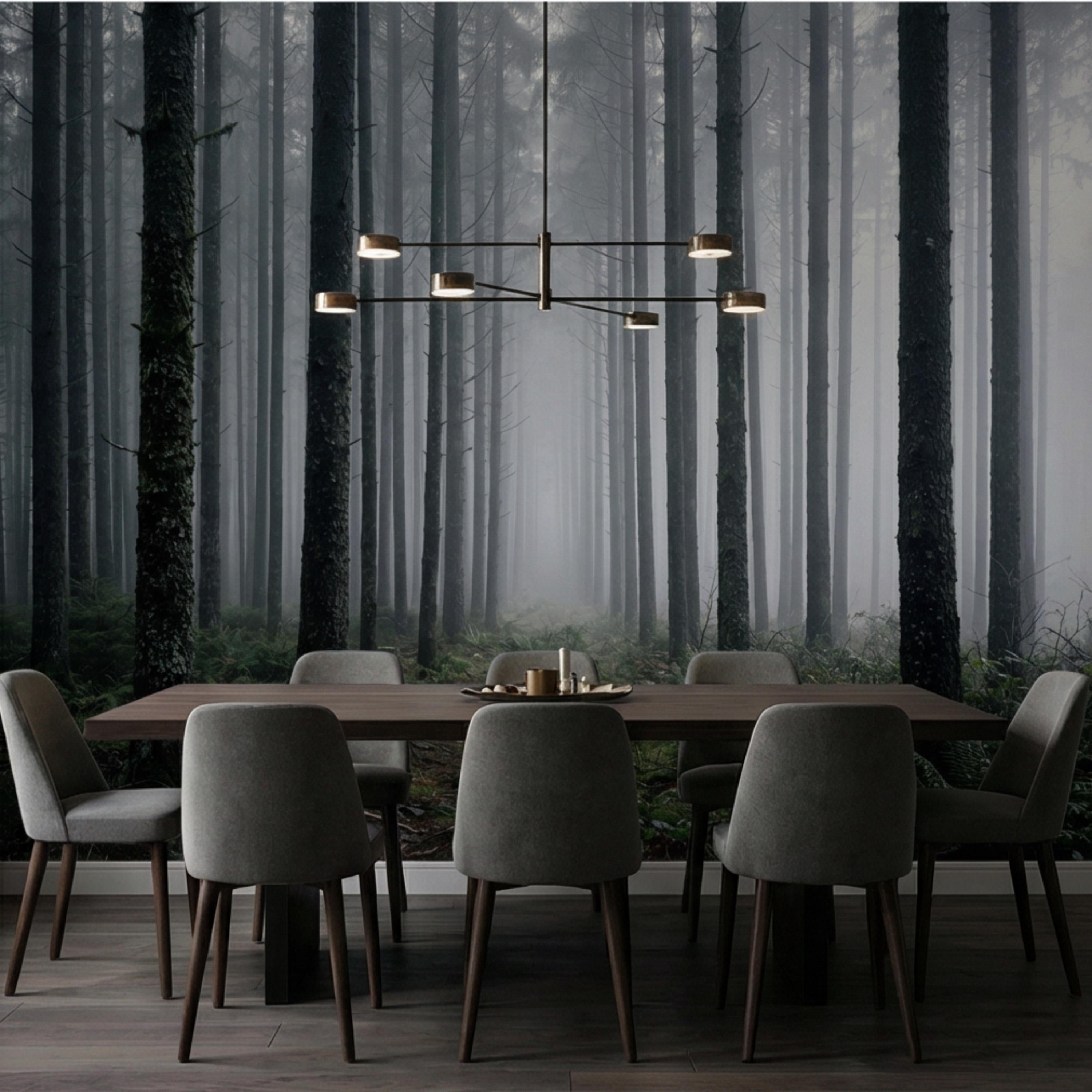 Misty Pine Forest Peel and Stick Wall Mural, Moody Evergreen Woodland Fog Landscape Wallpaper, Dark Nature Statement Wall Decor