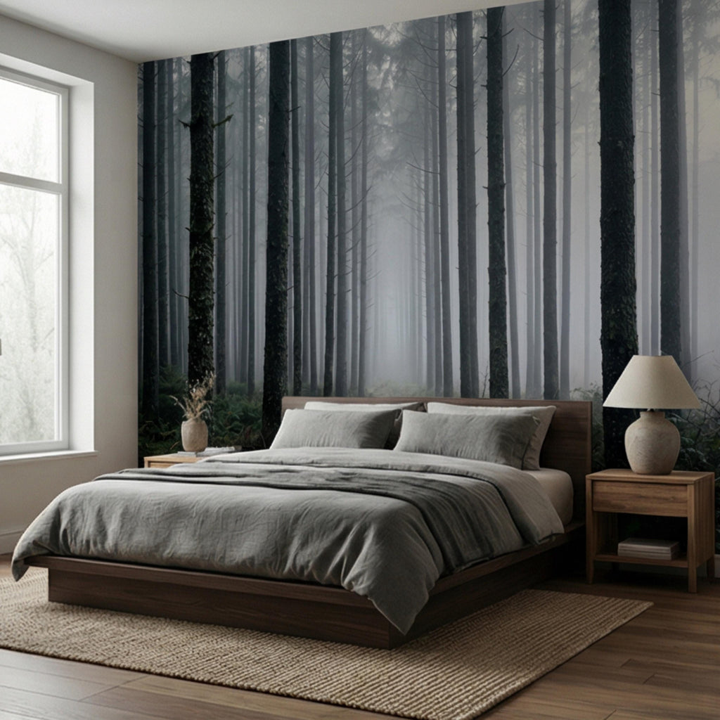 Misty Pine Forest Peel and Stick Wall Mural, Moody Evergreen Woodland Fog Landscape Wallpaper, Dark Nature Statement Wall Decor