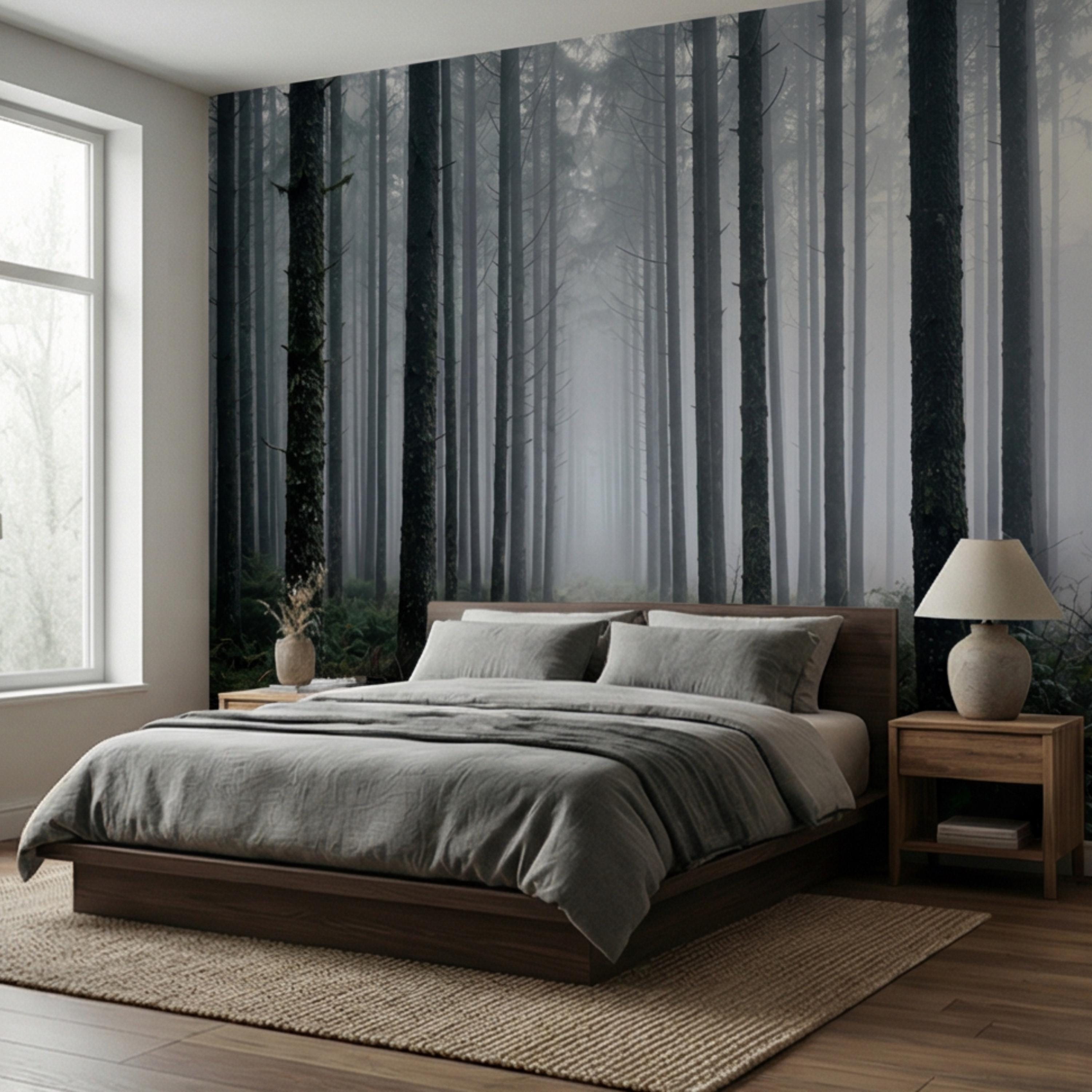 Misty Pine Forest Peel and Stick Wall Mural, Moody Evergreen Woodland Fog Landscape Wallpaper, Dark Nature Statement Wall Decor
