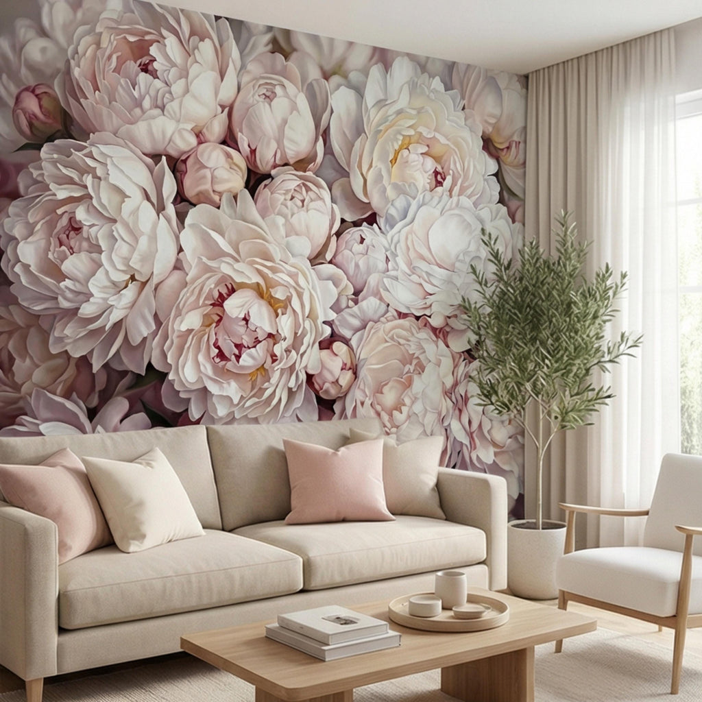 Blush Pink Peony Peel and Stick Wall Mural, Oversized Romantic Floral Wallpaper, Soft Ivory Botanical Statement Wall Decor