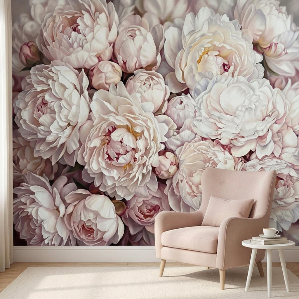 Blush Pink Peony Peel and Stick Wall Mural, Oversized Romantic Floral Wallpaper, Soft Ivory Botanical Statement Wall Decor