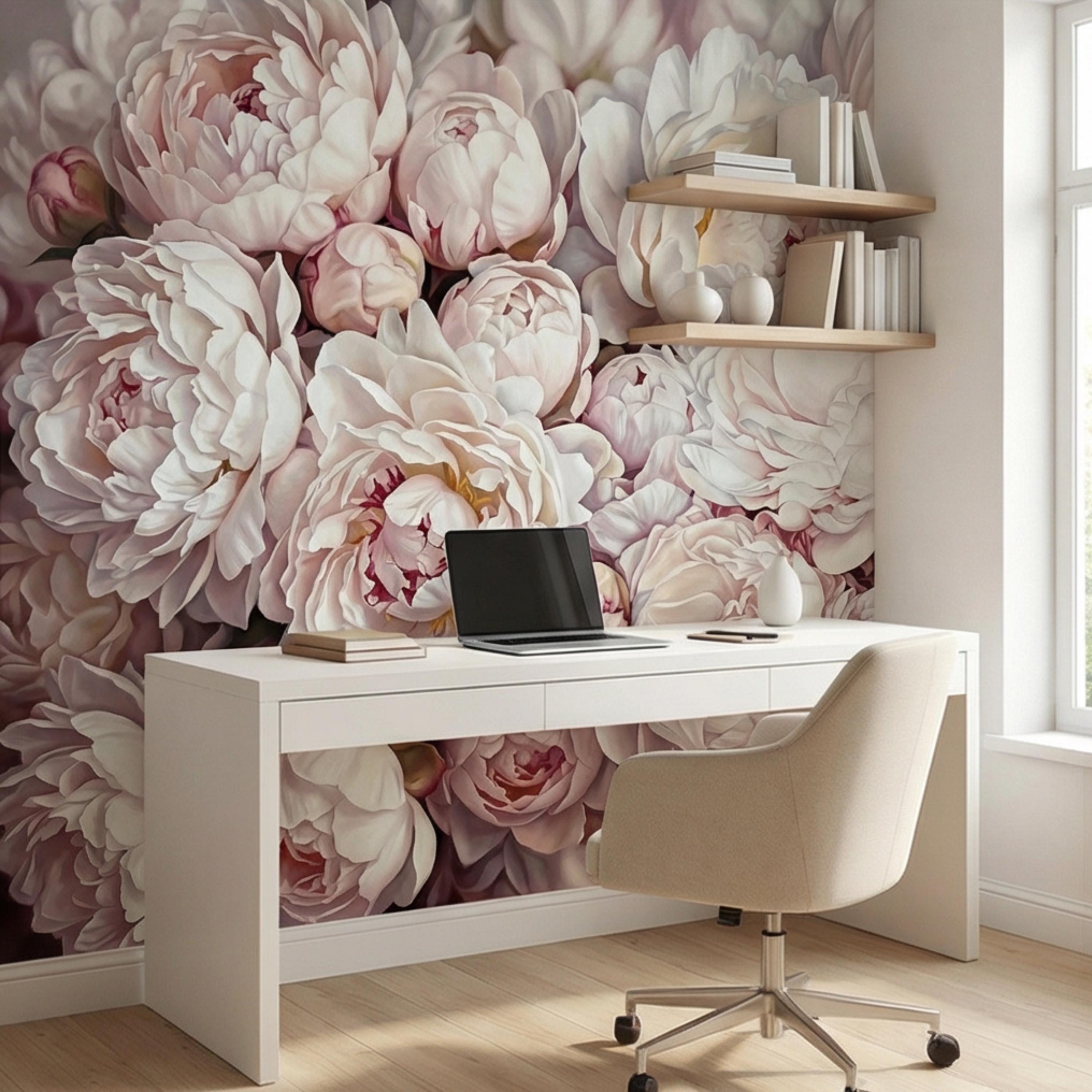 Blush Pink Peony Peel and Stick Wall Mural, Oversized Romantic Floral Wallpaper, Soft Ivory Botanical Statement Wall Decor
