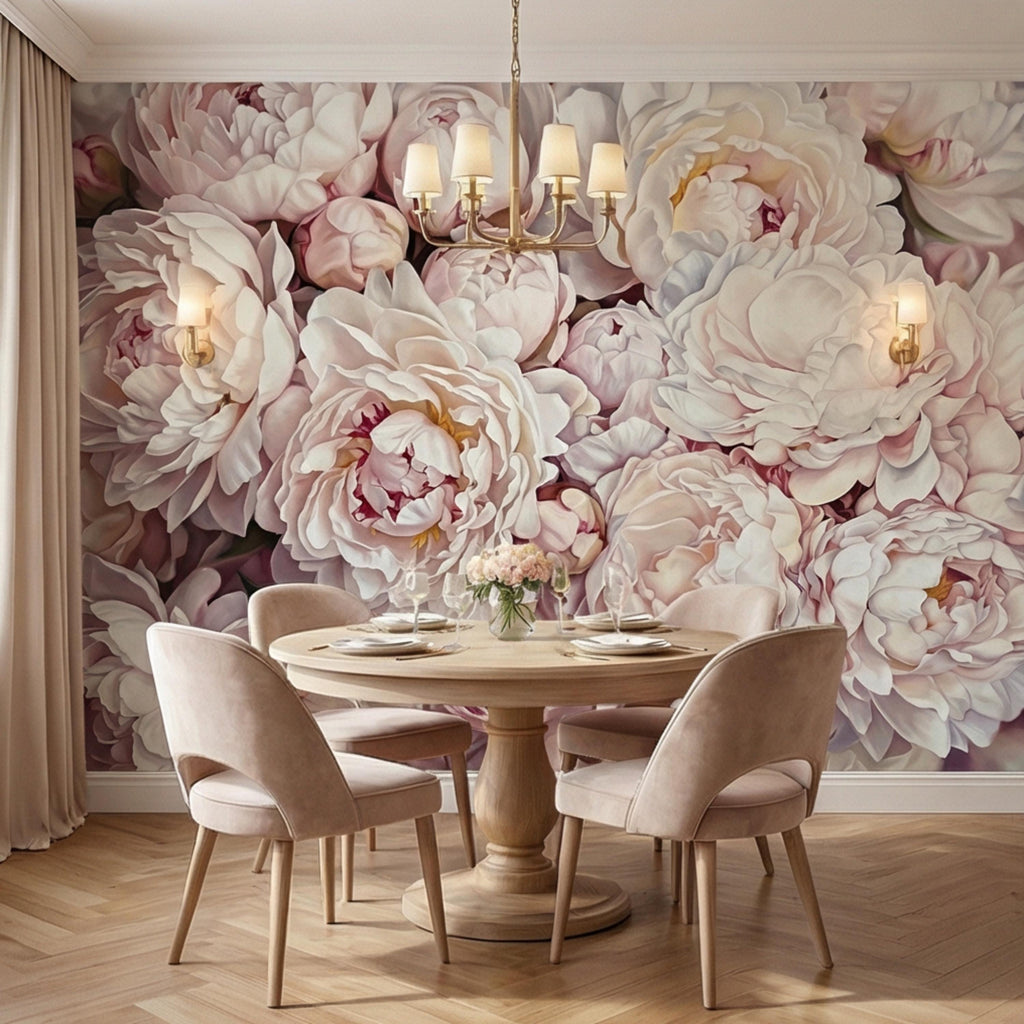 Blush Pink Peony Peel and Stick Wall Mural, Oversized Romantic Floral Wallpaper, Soft Ivory Botanical Statement Wall Decor