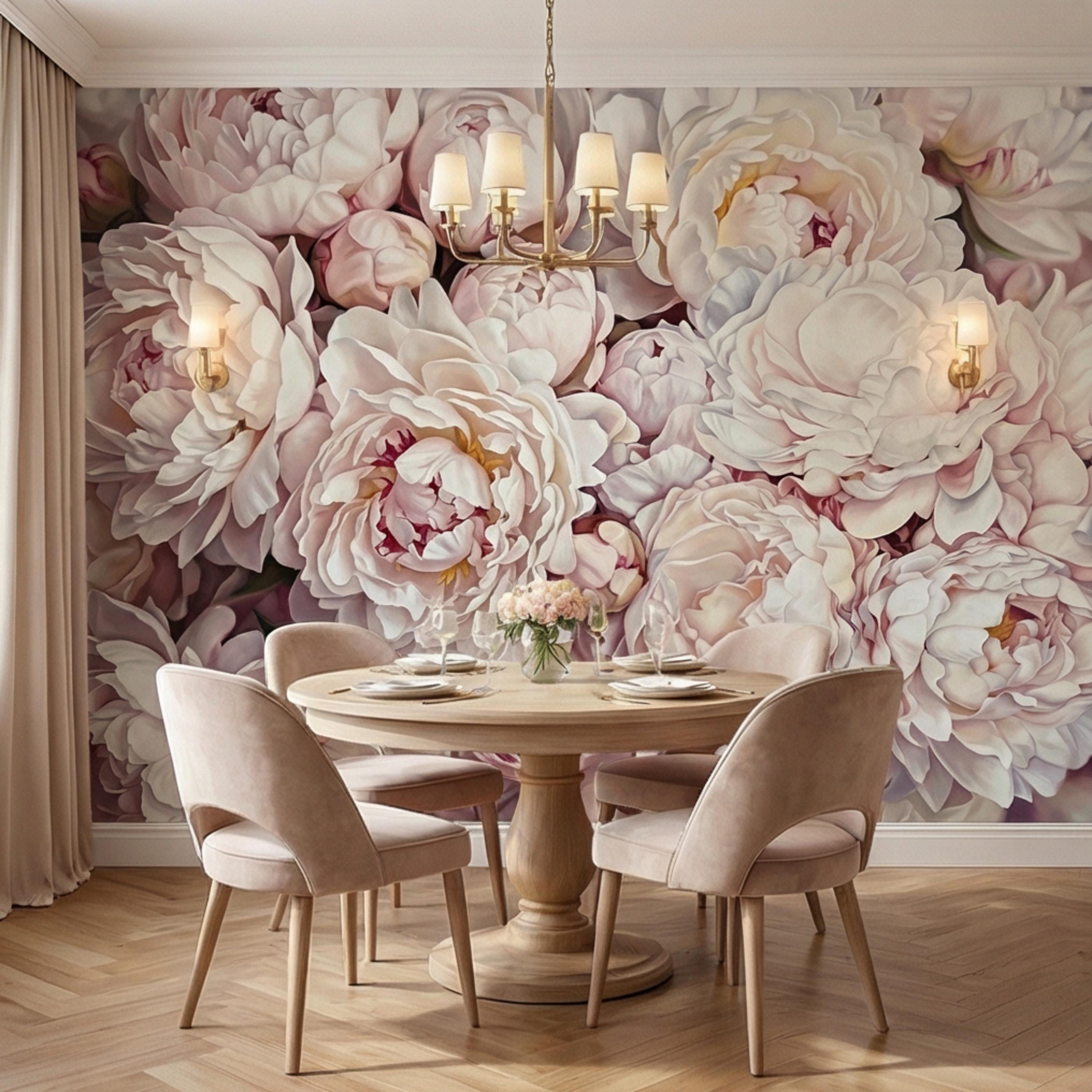 Blush Pink Peony Peel and Stick Wall Mural, Oversized Romantic Floral Wallpaper, Soft Ivory Botanical Statement Wall Decor