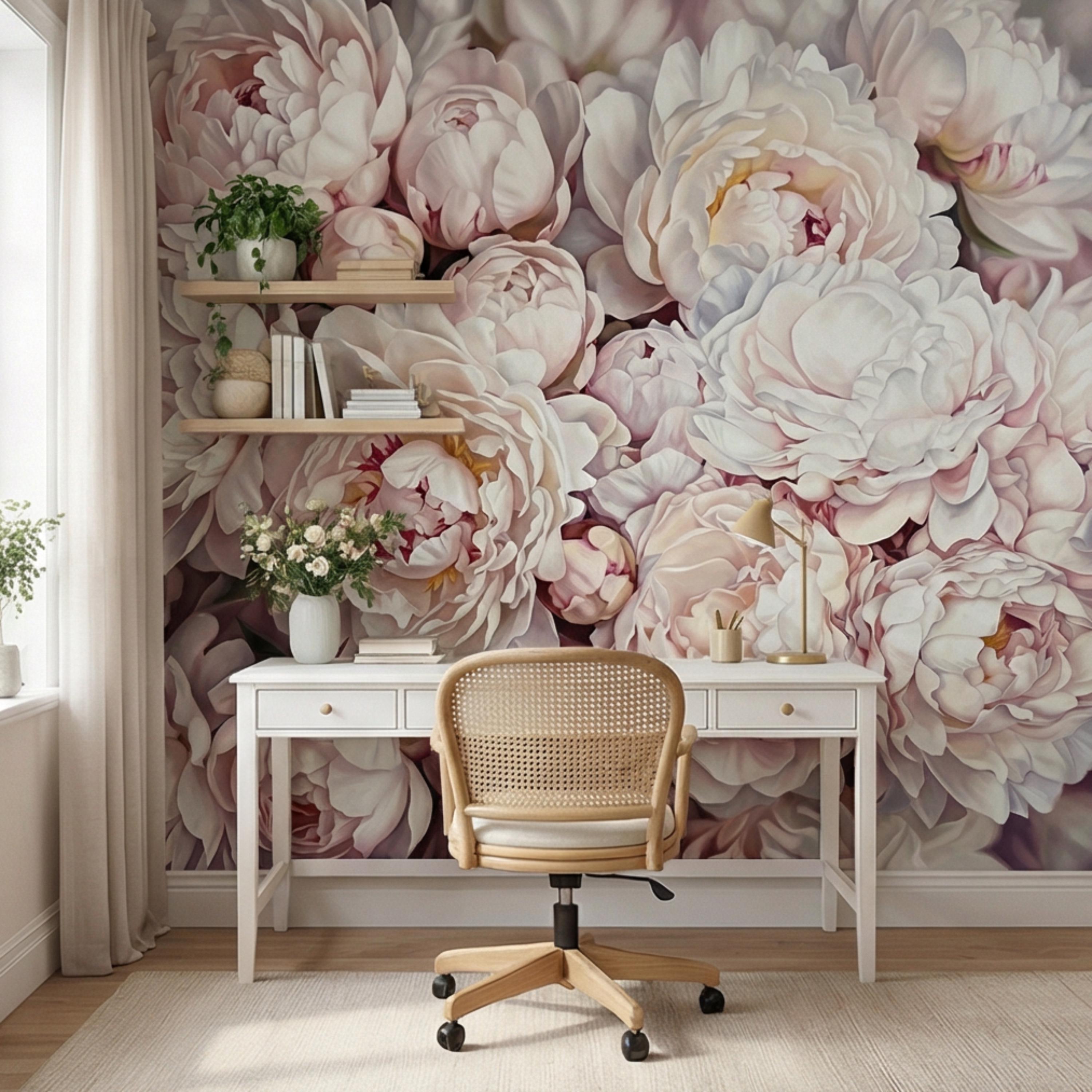 Blush Pink Peony Peel and Stick Wall Mural, Oversized Romantic Floral Wallpaper, Soft Ivory Botanical Statement Wall Decor