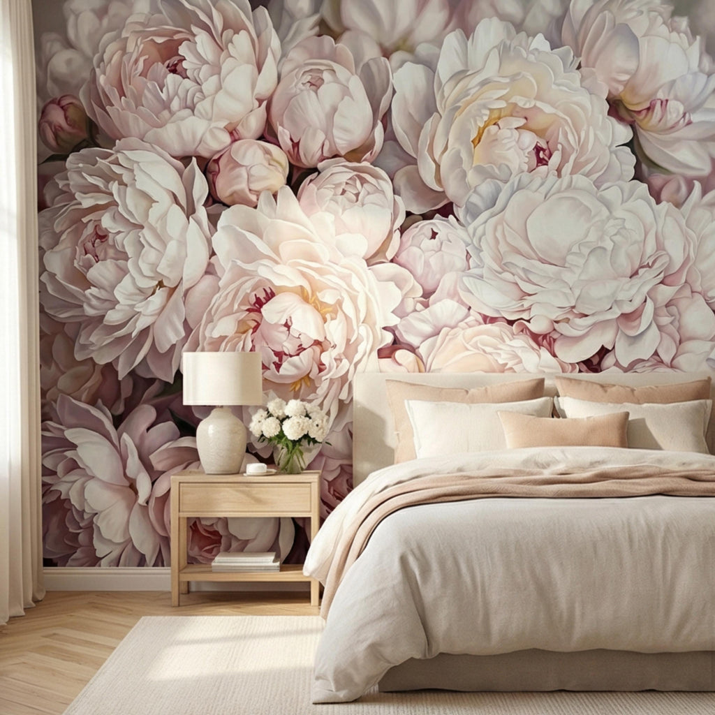 Blush Pink Peony Peel and Stick Wall Mural, Oversized Romantic Floral Wallpaper, Soft Ivory Botanical Statement Wall Decor