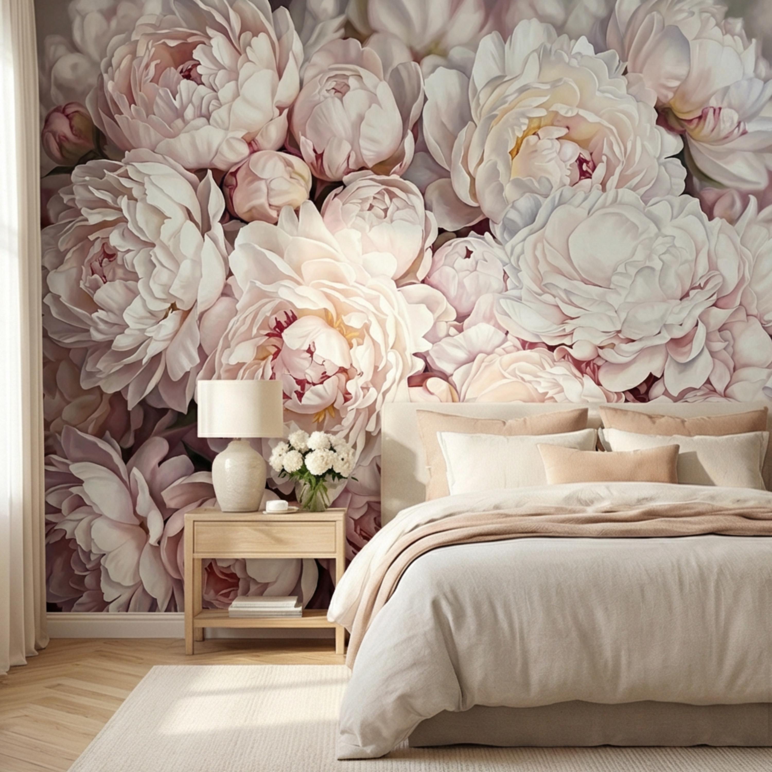 Blush Pink Peony Peel and Stick Wall Mural, Oversized Romantic Floral Wallpaper, Soft Ivory Botanical Statement Wall Decor