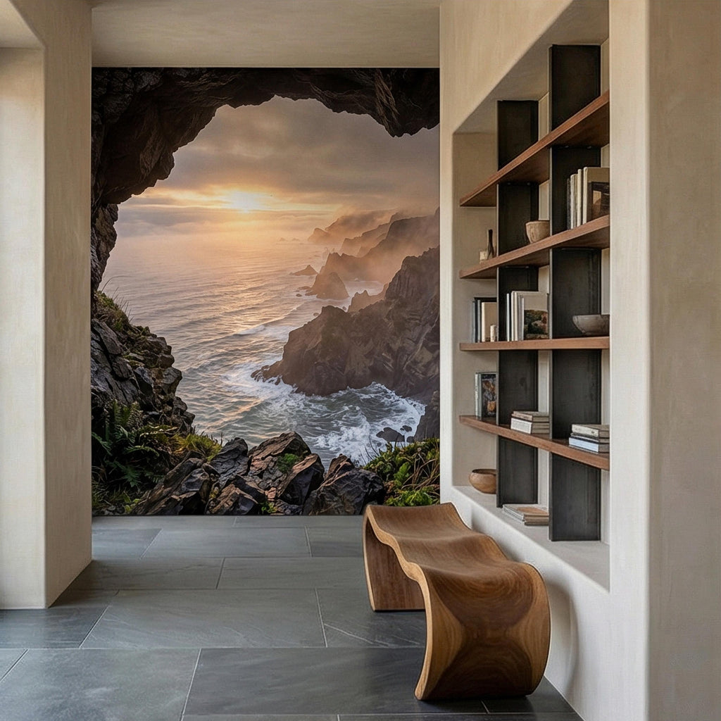 Sea Cave Peel and Stick Wall Mural, Dramatic Coastal Cliff Seascape, Misty Sunrise Ocean Landscape Wallpaper