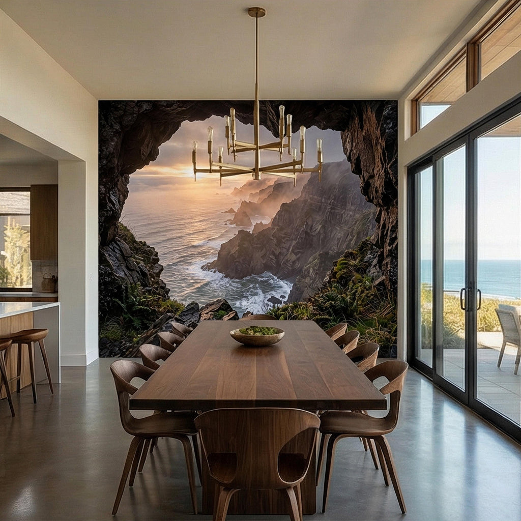 Sea Cave Peel and Stick Wall Mural, Dramatic Coastal Cliff Seascape, Misty Sunrise Ocean Landscape Wallpaper
