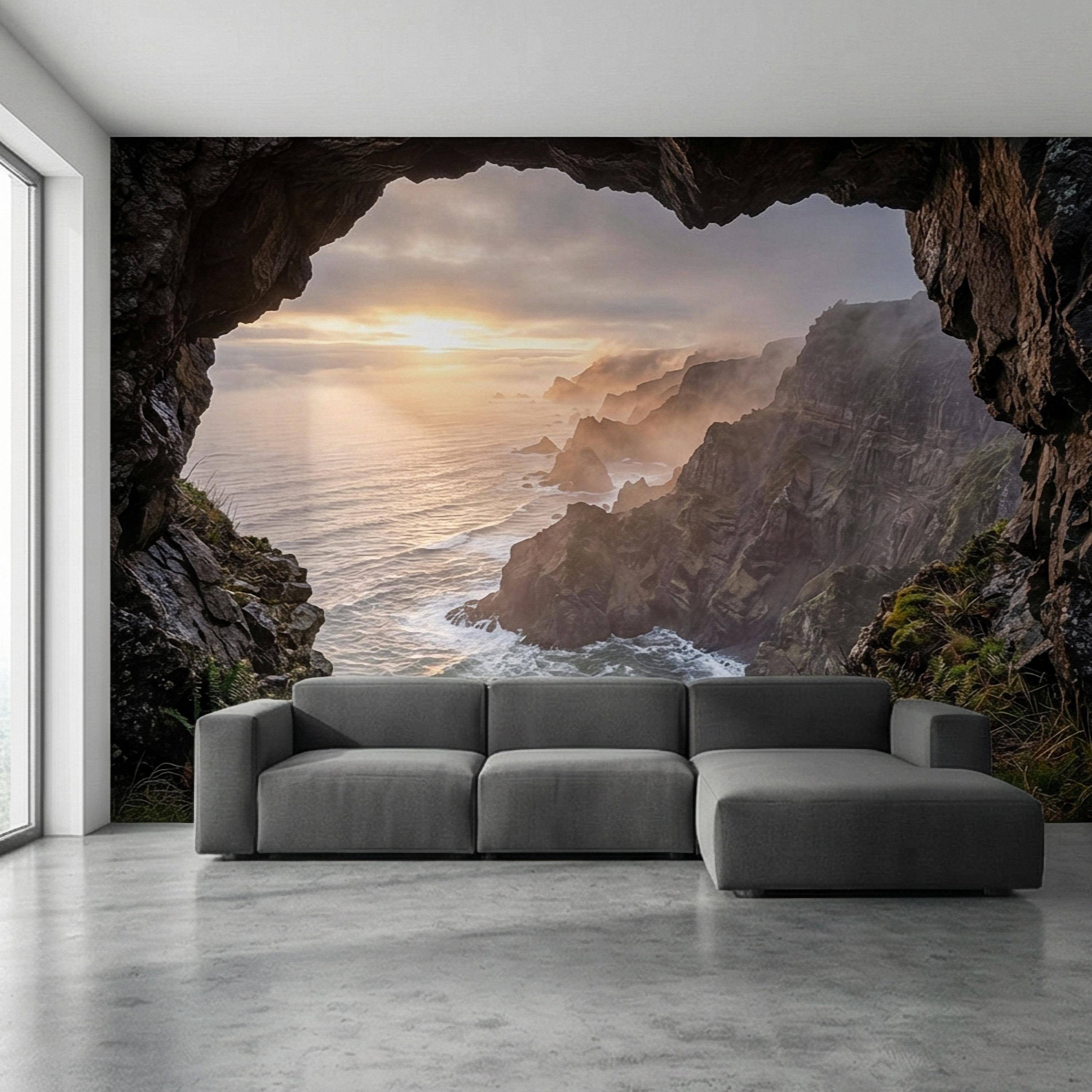 Sea Cave Peel and Stick Wall Mural, Dramatic Coastal Cliff Seascape, Misty Sunrise Ocean Landscape Wallpaper