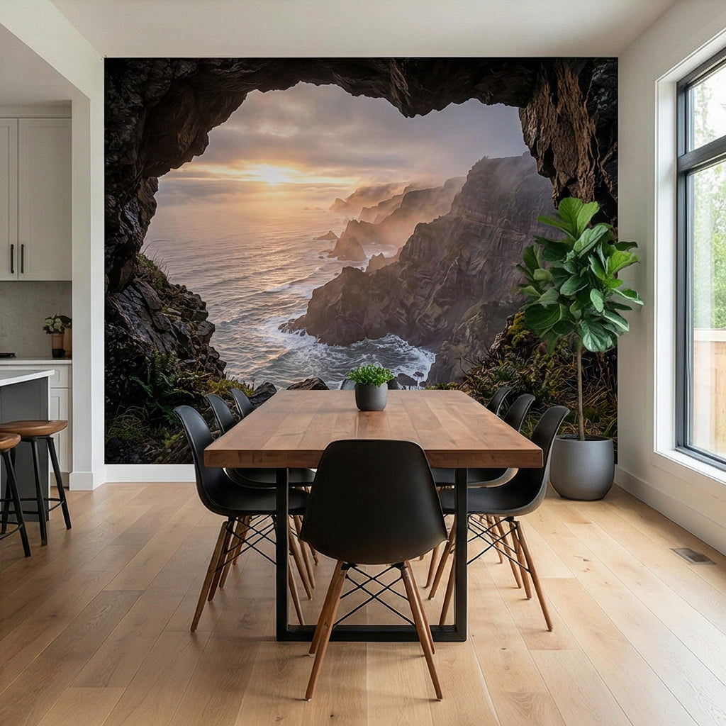 Sea Cave Peel and Stick Wall Mural, Dramatic Coastal Cliff Seascape, Misty Sunrise Ocean Landscape Wallpaper