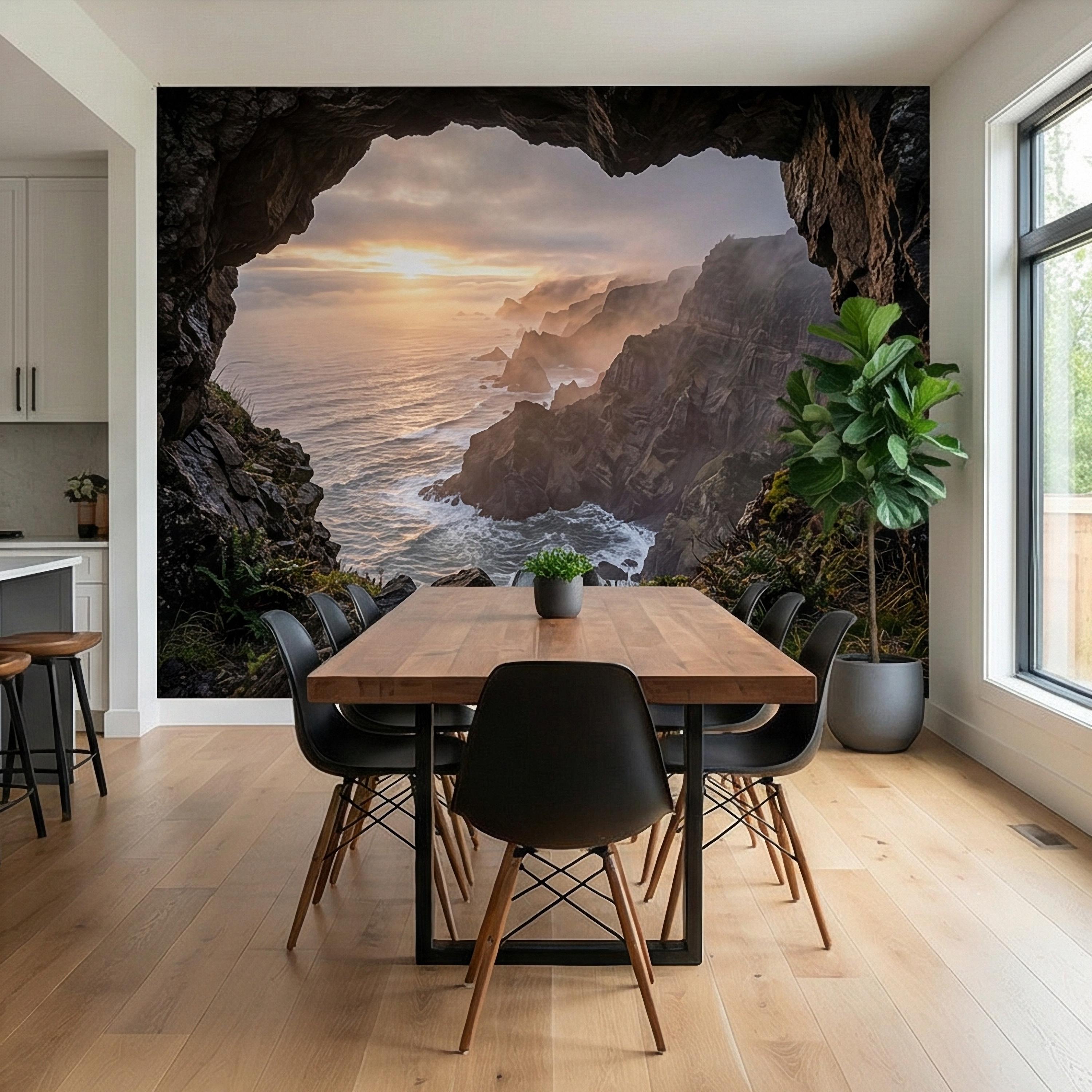 Sea Cave Peel and Stick Wall Mural, Dramatic Coastal Cliff Seascape, Misty Sunrise Ocean Landscape Wallpaper