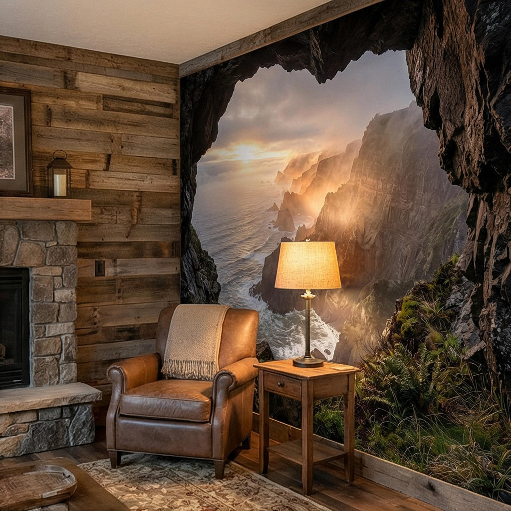 Sea Cave Peel and Stick Wall Mural, Dramatic Coastal Cliff Seascape, Misty Sunrise Ocean Landscape Wallpaper