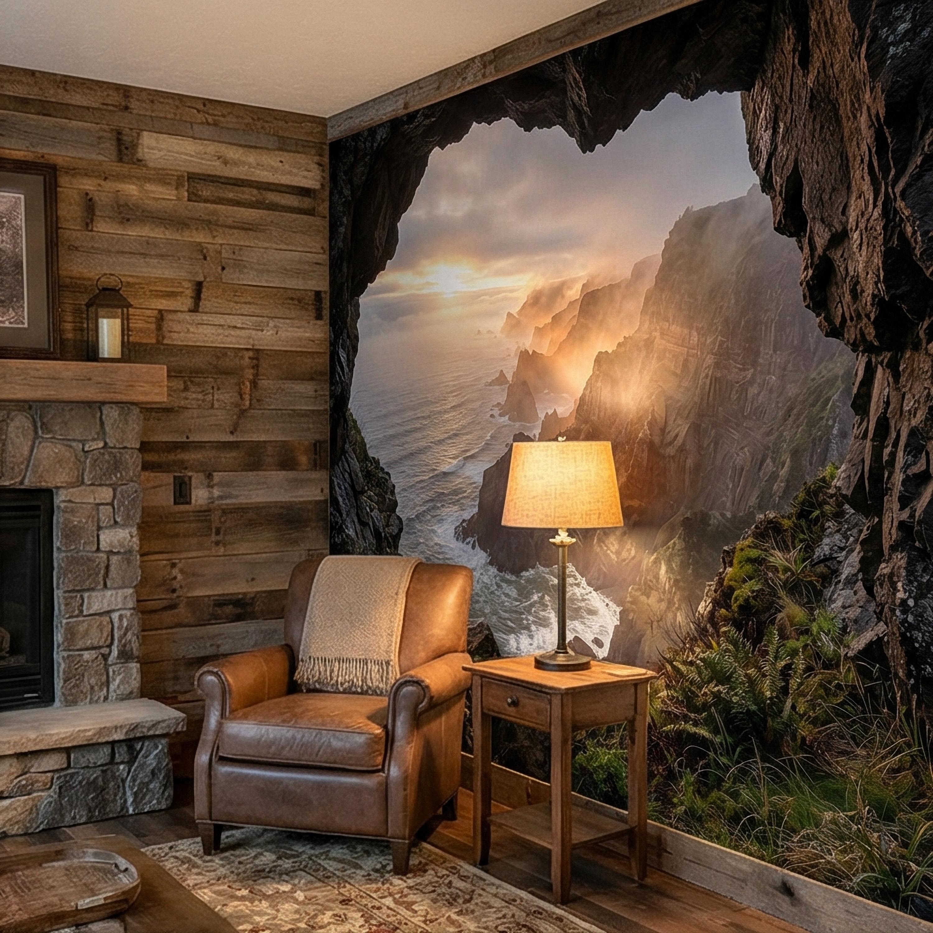 Sea Cave Peel and Stick Wall Mural, Dramatic Coastal Cliff Seascape, Misty Sunrise Ocean Landscape Wallpaper
