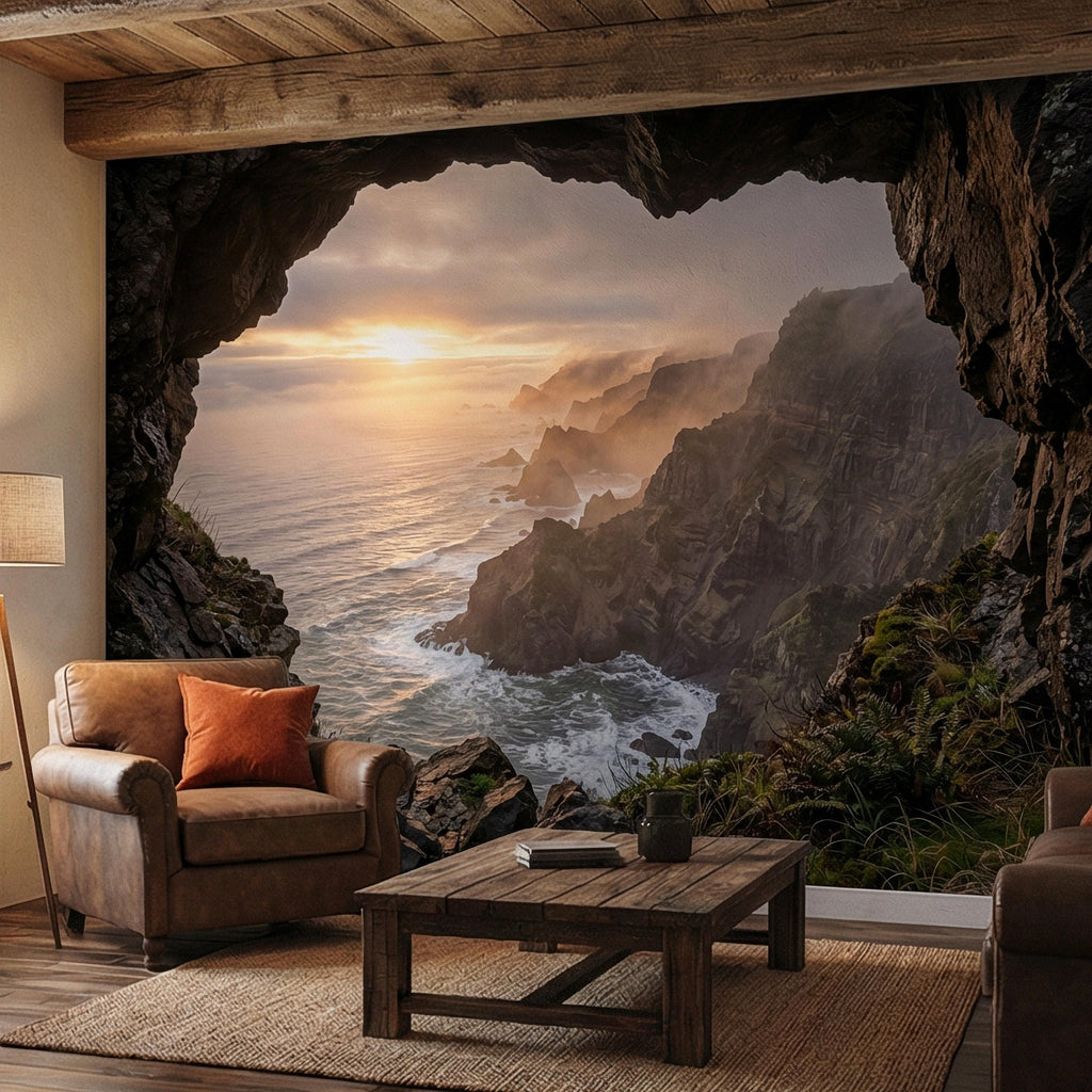 Sea Cave Peel and Stick Wall Mural, Dramatic Coastal Cliff Seascape, Misty Sunrise Ocean Landscape Wallpaper