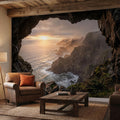 Sea Cave Peel and Stick Wall Mural, Dramatic Coastal Cliff Seascape, Misty Sunrise Ocean Landscape Wallpaper