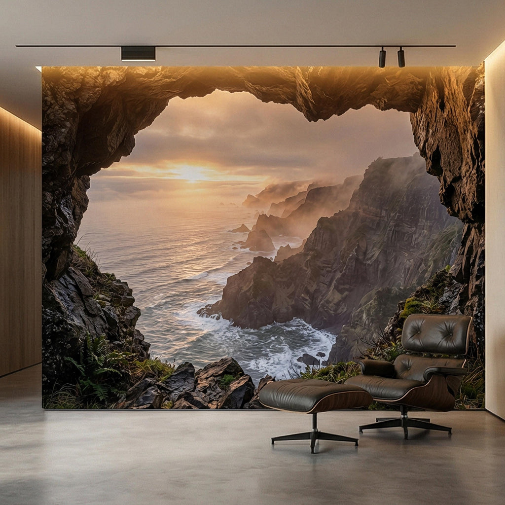 Sea Cave Peel and Stick Wall Mural, Dramatic Coastal Cliff Seascape, Misty Sunrise Ocean Landscape Wallpaper