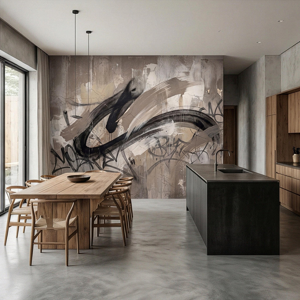 Neutral Graffiti Peel and Stick Wall Mural, Abstract Street Art Loft, Monochrome Industrial Concrete Wallpaper